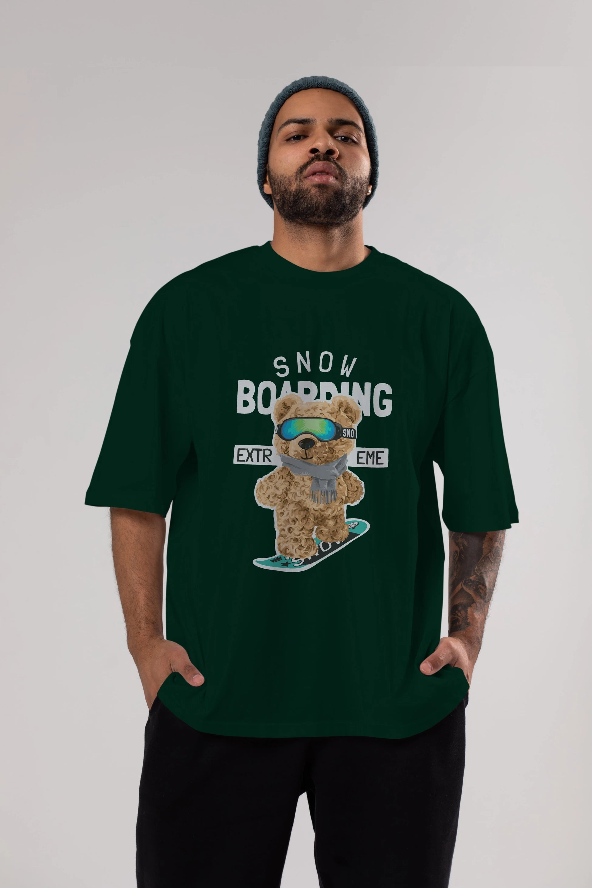 Teddy Bear Snow Boarding Ön Baskılı Oversize t-shirt Erkek Kadın Unisex %100 Pamuk