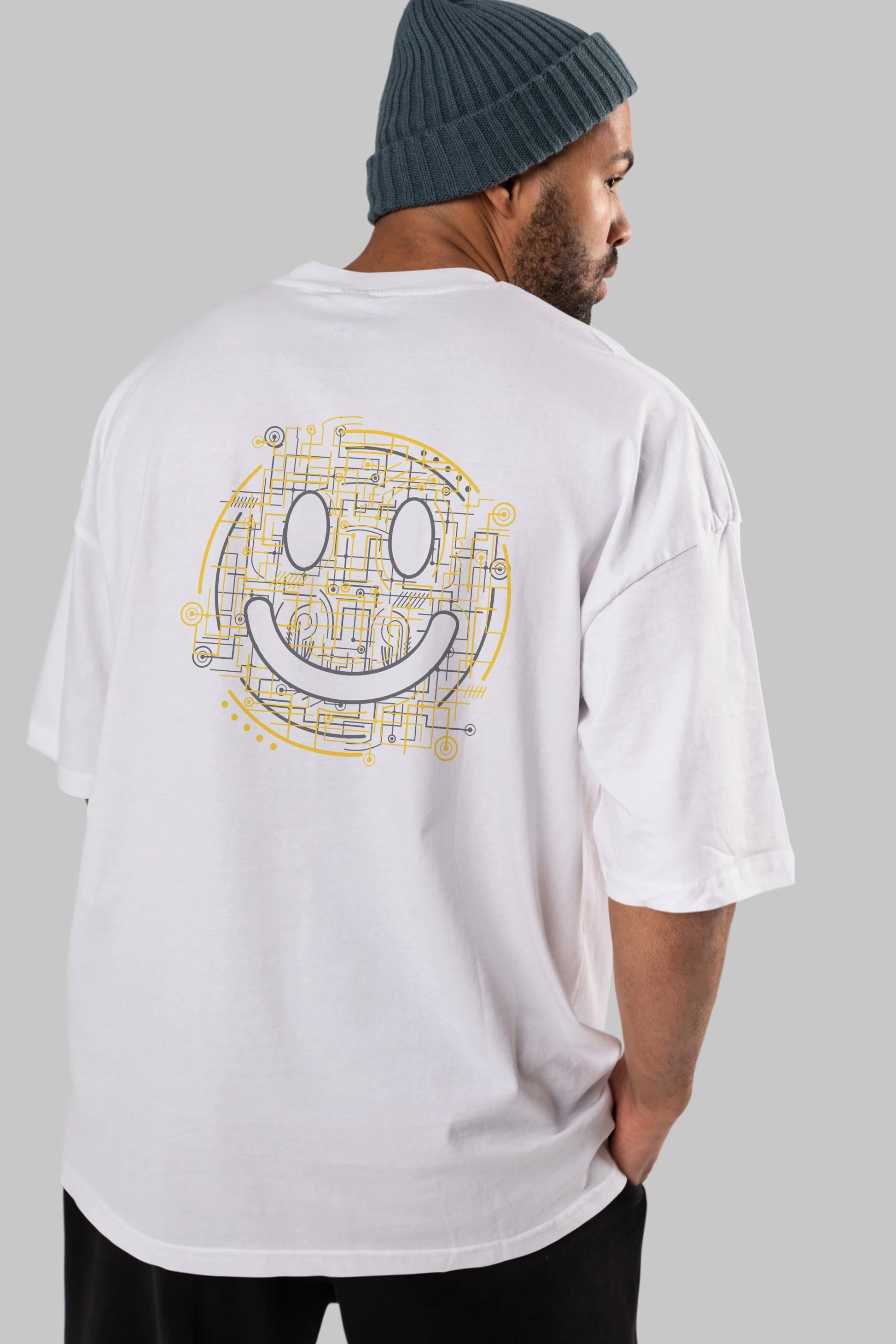 Electric Smiley Arka Baskılı Oversize t-shirt %100 pamuk Erkek Kadın Unisex