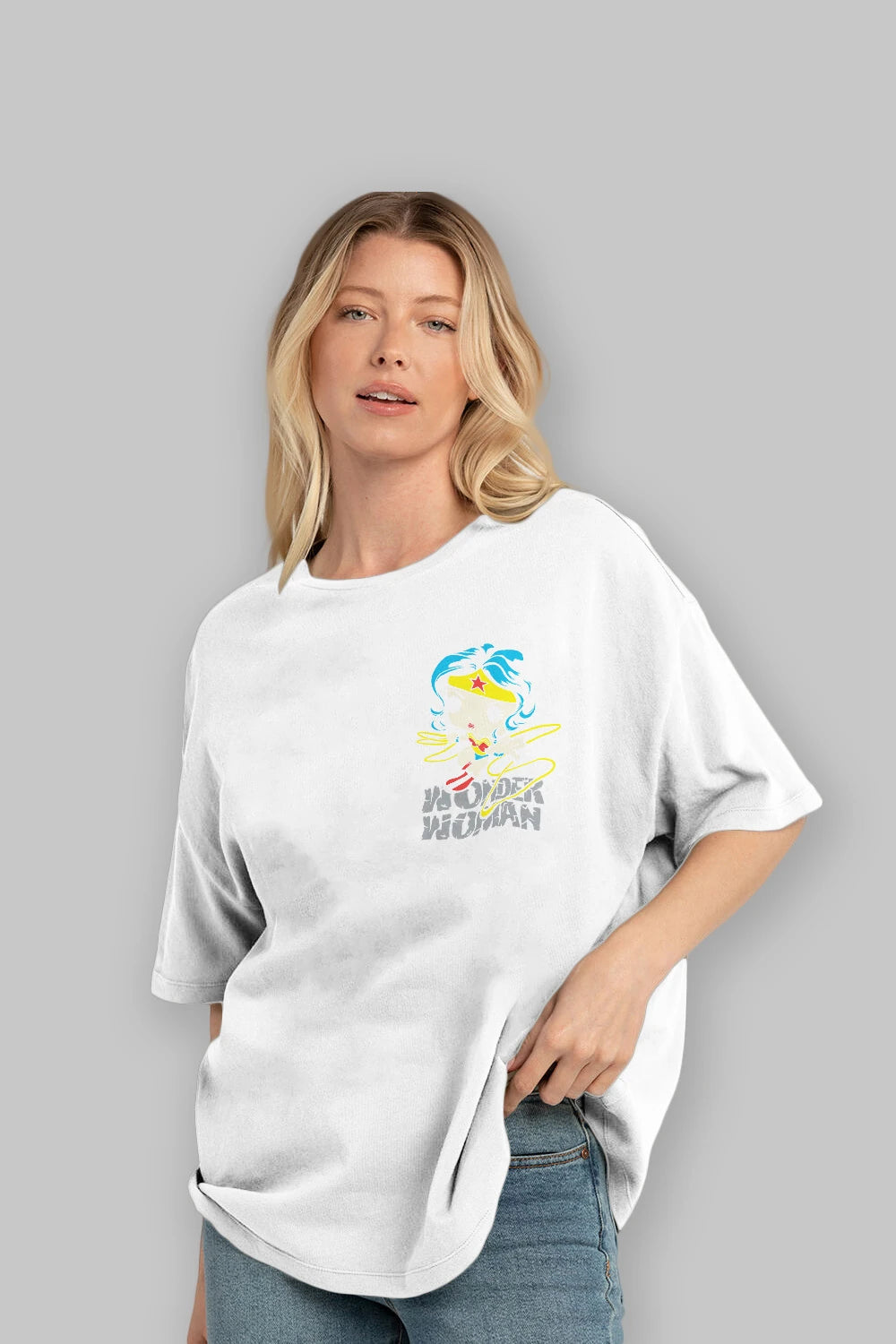 Wonder Woman Ön Sol Baskılı Oversize t-shirt Erkek Kadın Unisex %100 Pamuk Bisiklet Yaka tişort