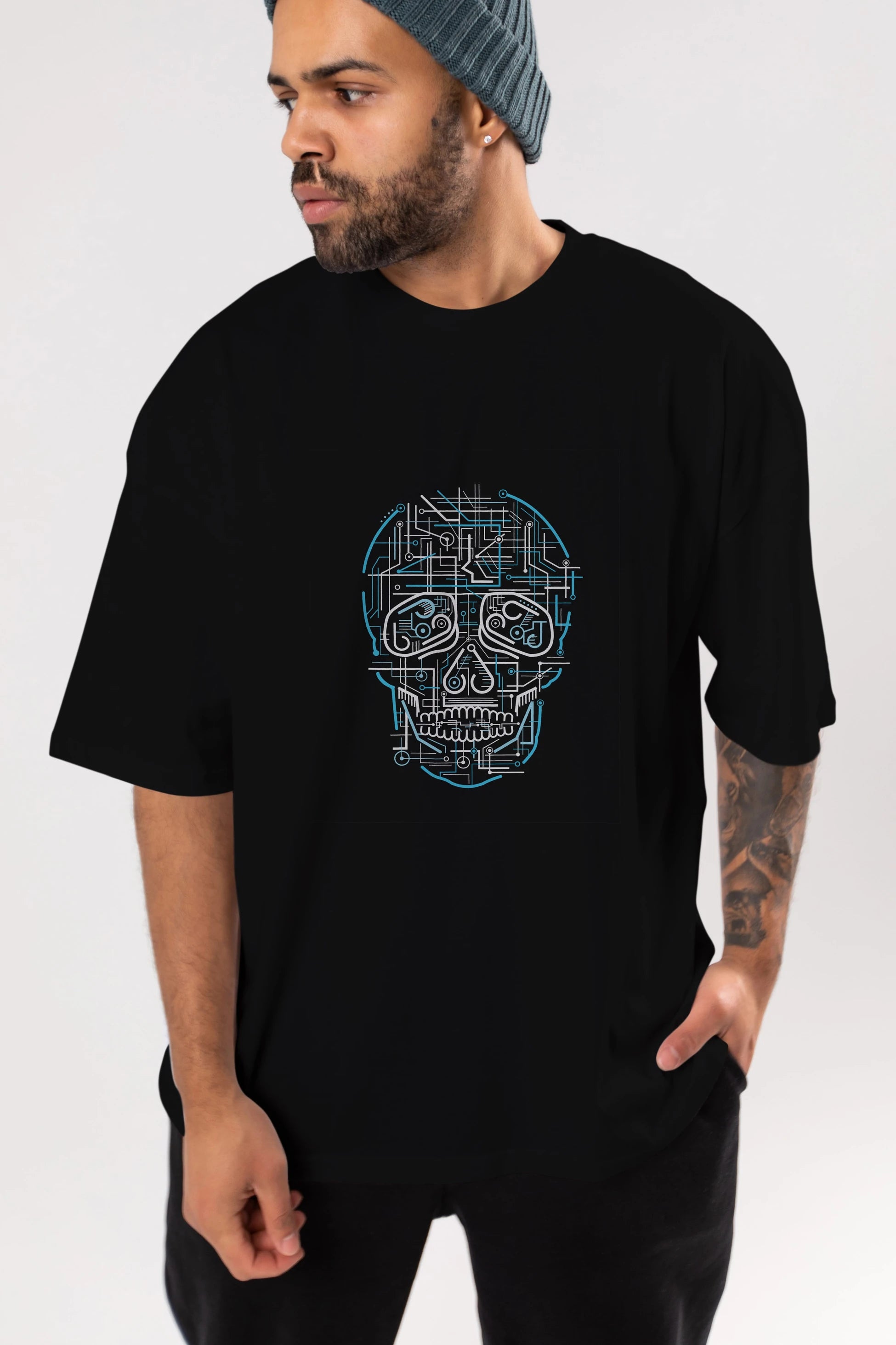 Electric Skull Ön Baskılı Oversize t-shirt %100 pamuk Erkek Kadın Unisex