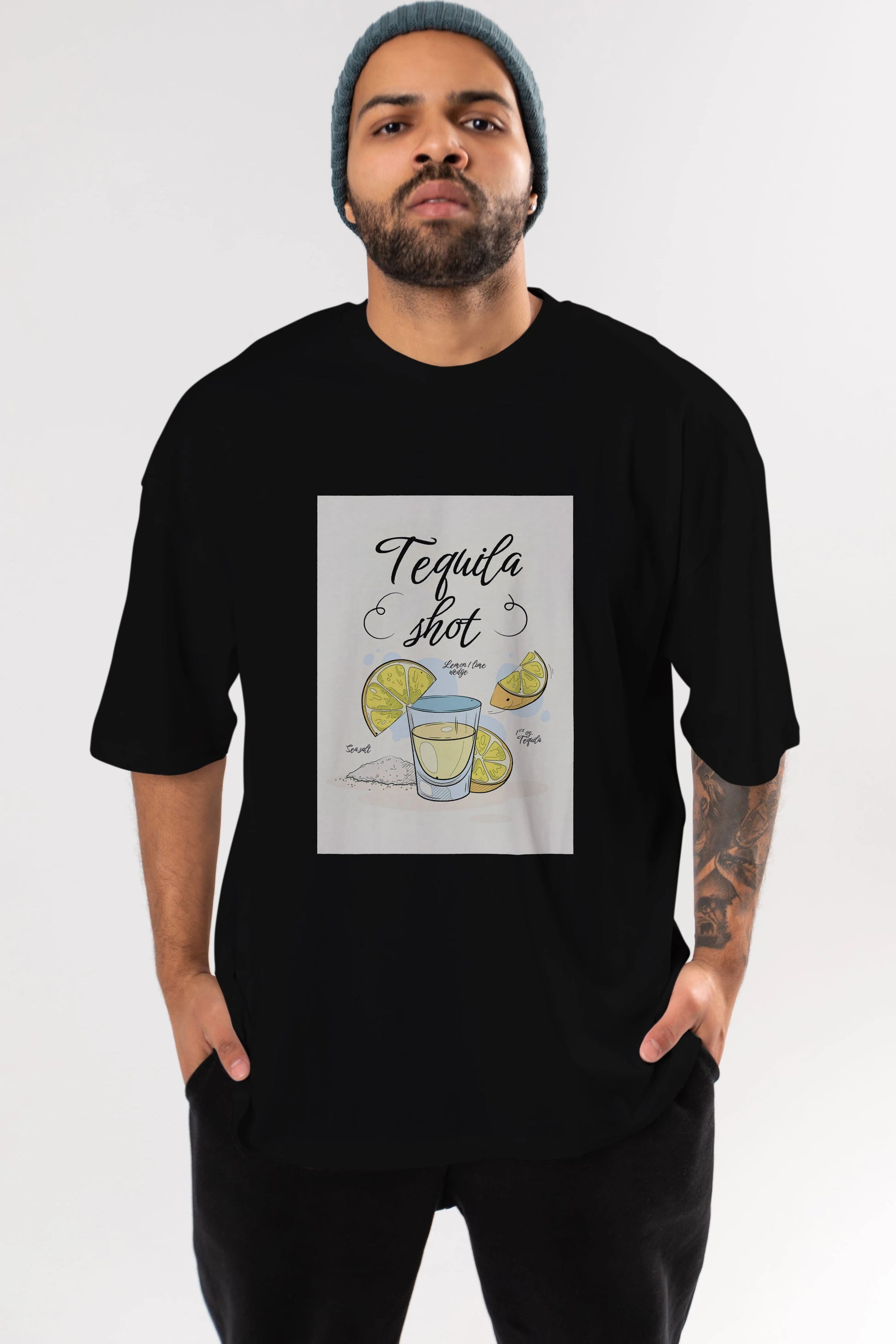 Tequila Shot Ön Baskılı Oversize t-shirt Erkek Kadın Unisex %100 Pamuk Bisiklet Yaka tişort