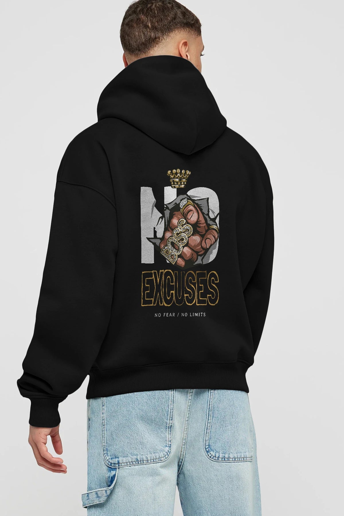 No Excuses Arka Baskılı Hoodie Oversize Kapüşonlu Sweatshirt Erkek Kadın Unisex