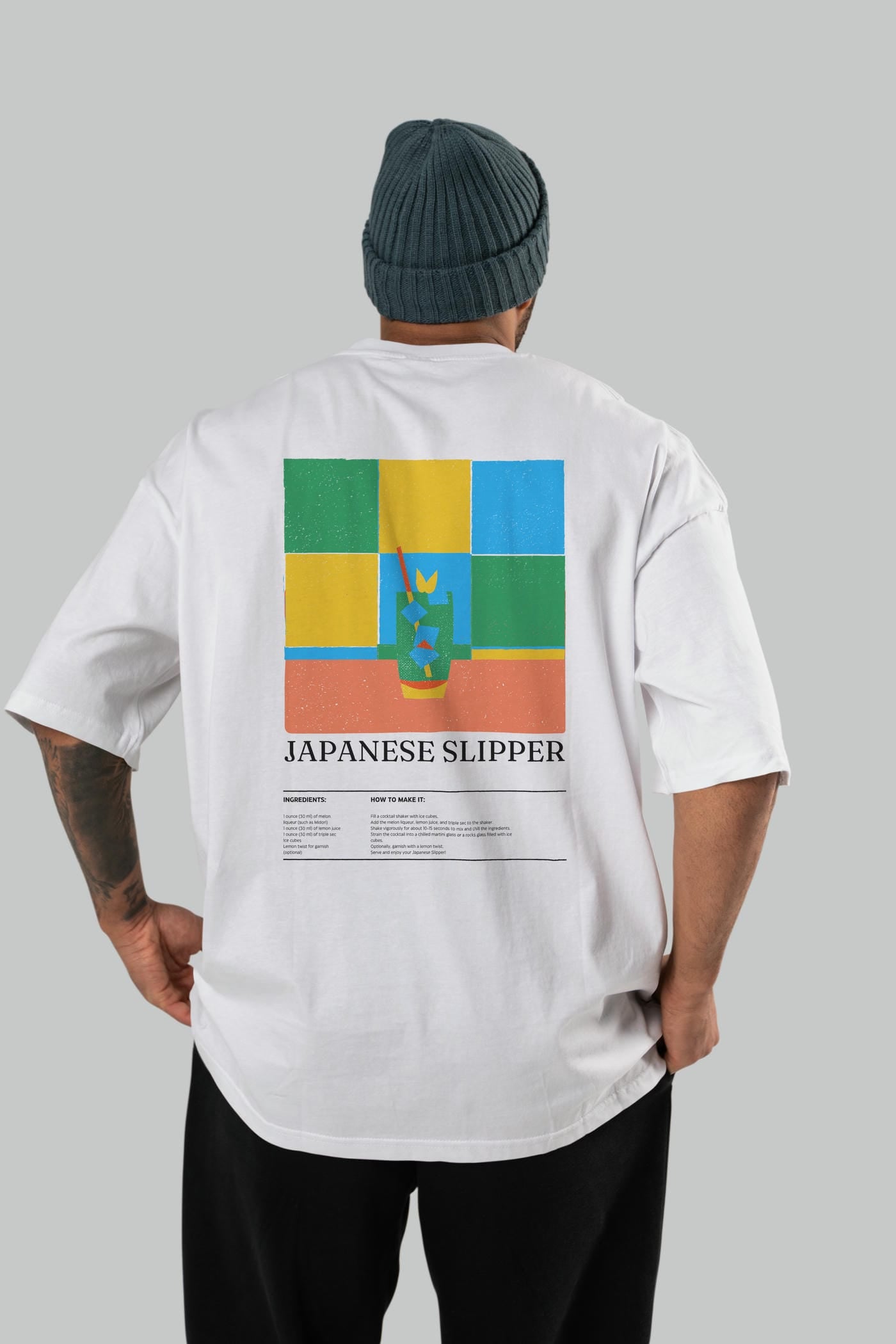 Japanese Slipper Kokteyl Serisi Arka Baskılı Oversize t-shirt Erkek Kadın %100 Pamuk Bisiklet Yaka tişort