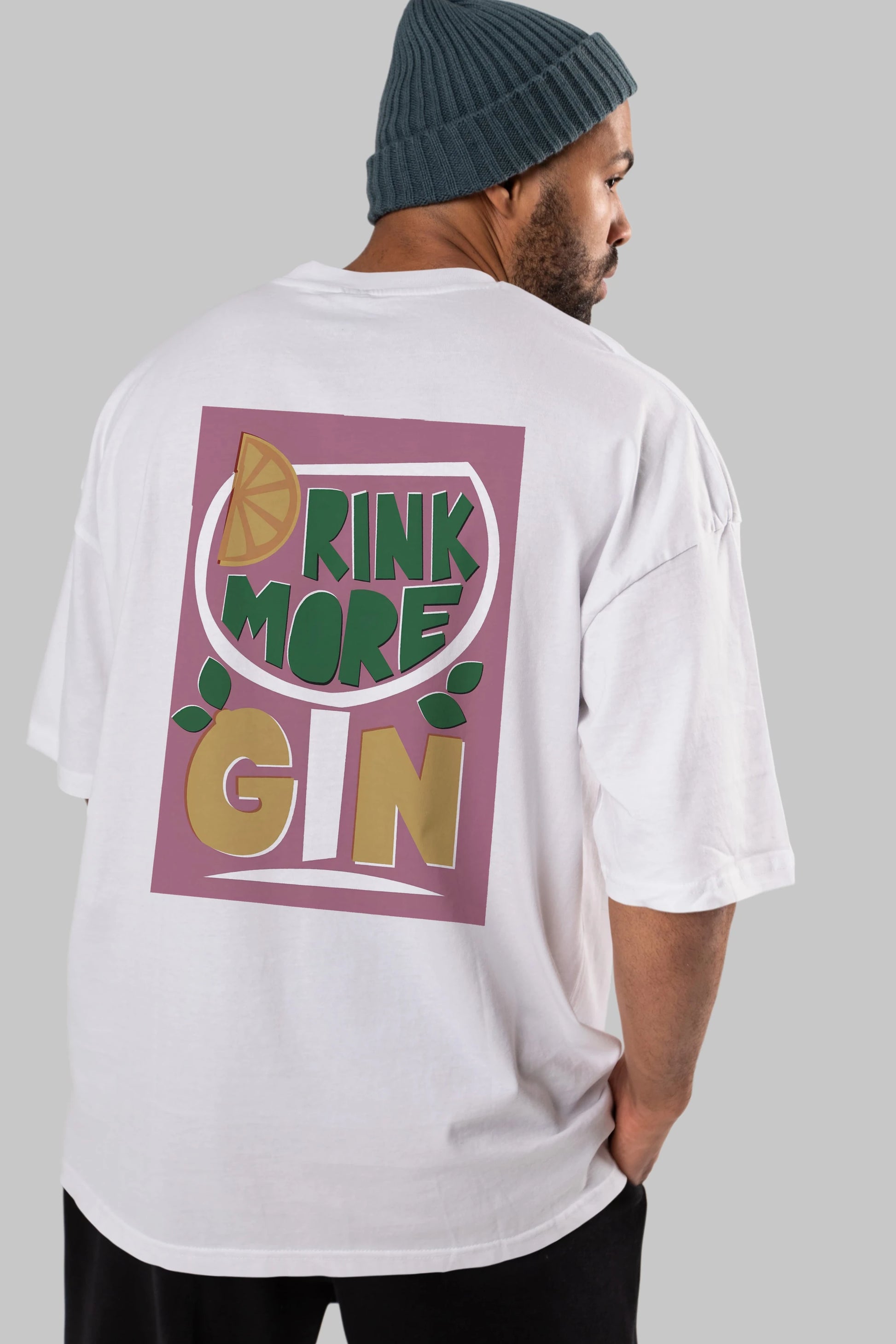 Drink More Gin Arka Baskılı Oversize t-shirt Erkek Kadın Unisex %100 Pamuk Bisiklet Yaka tişort