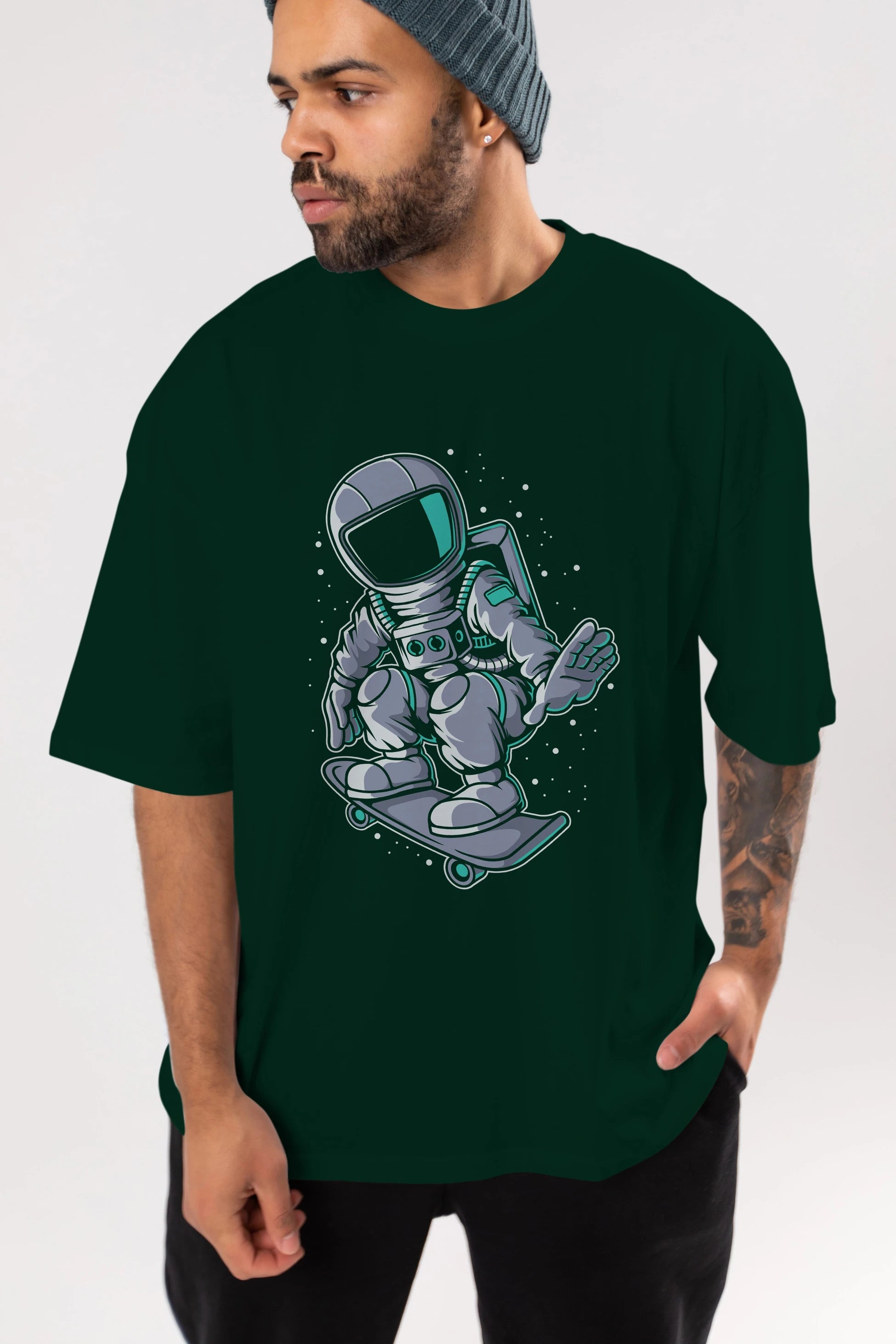 Astronaut Skater Ön Baskılı Oversize t-shirt Erkek Kadın Unisex
