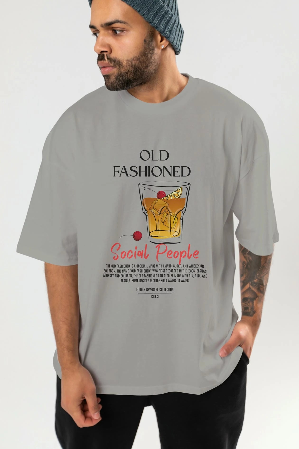 Old Fashıoned Kokteyl Serisi ön Baskılı Oversize t-shirt Erkek Kadın %100 Pamuk Bisiklet Yaka tişort