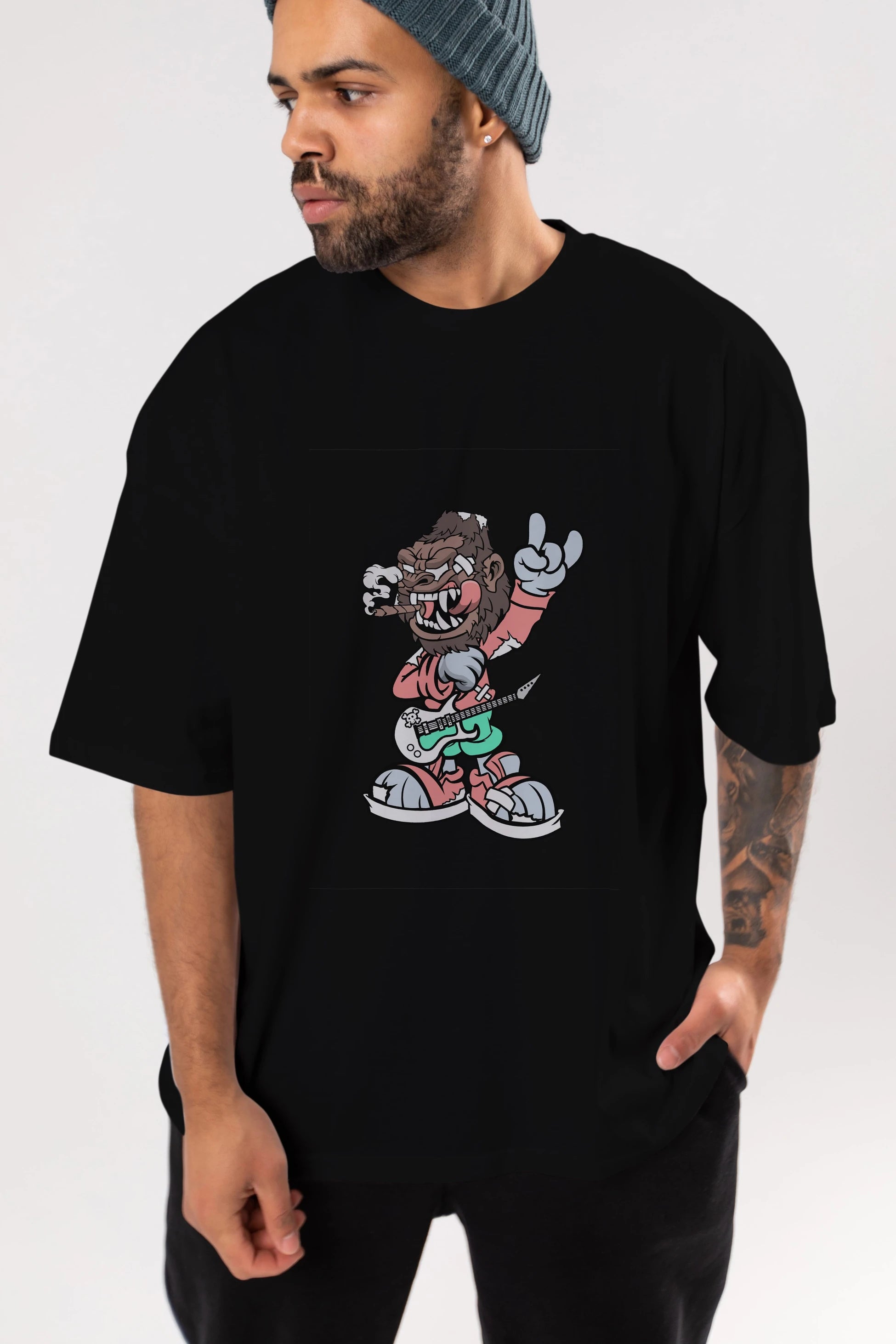 Gorilla Rockstar Ön Baskılı Oversize t-shirt Erkek Kadın Unisex %100 Pamuk tişort
