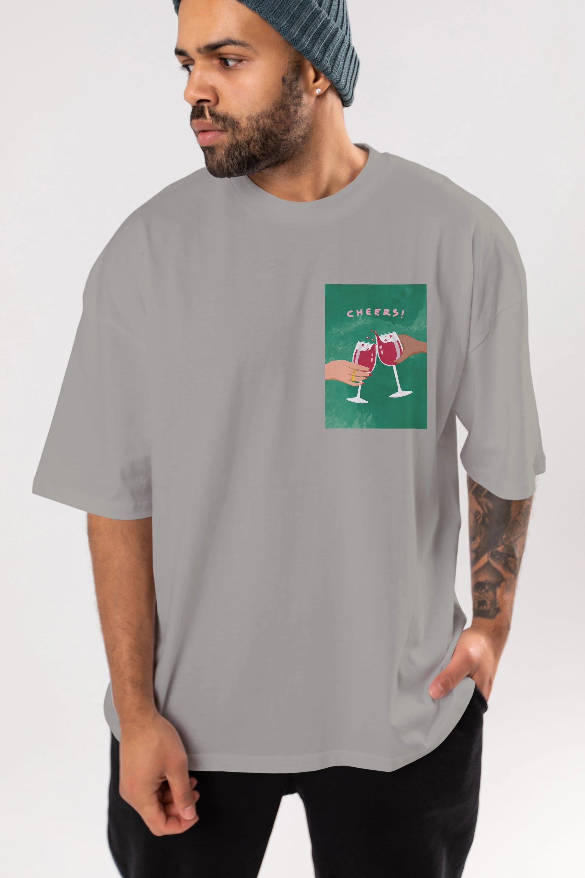 Cheers Ön Sol Baskılı Oversize t-shirt Erkek Kadın Unisex %100 Pamuk Bisiklet Yaka tişort