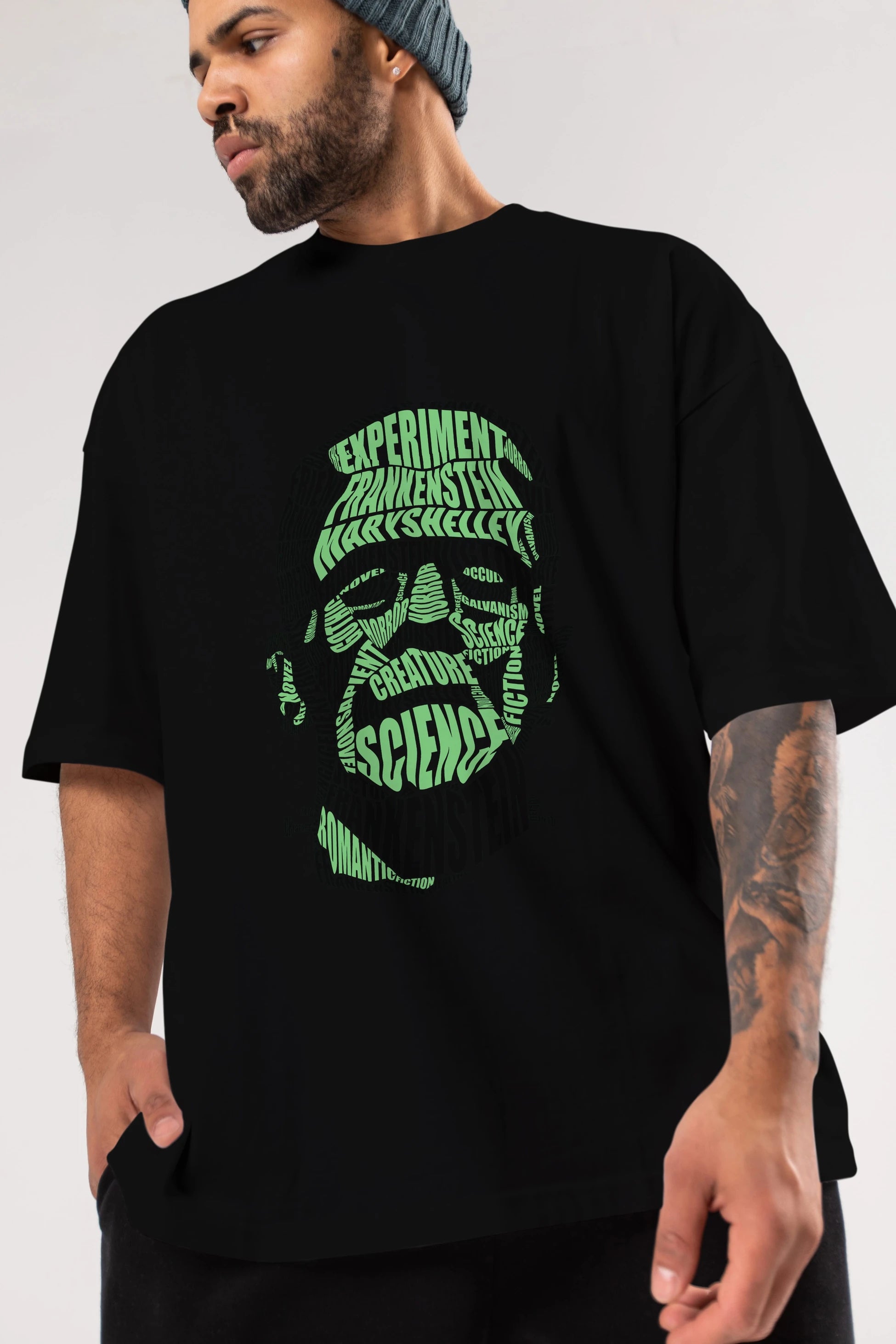 Frankenstein Calligram Ön Baskılı Oversize t-shirt %100 pamuk Erkek Kadın Unisex