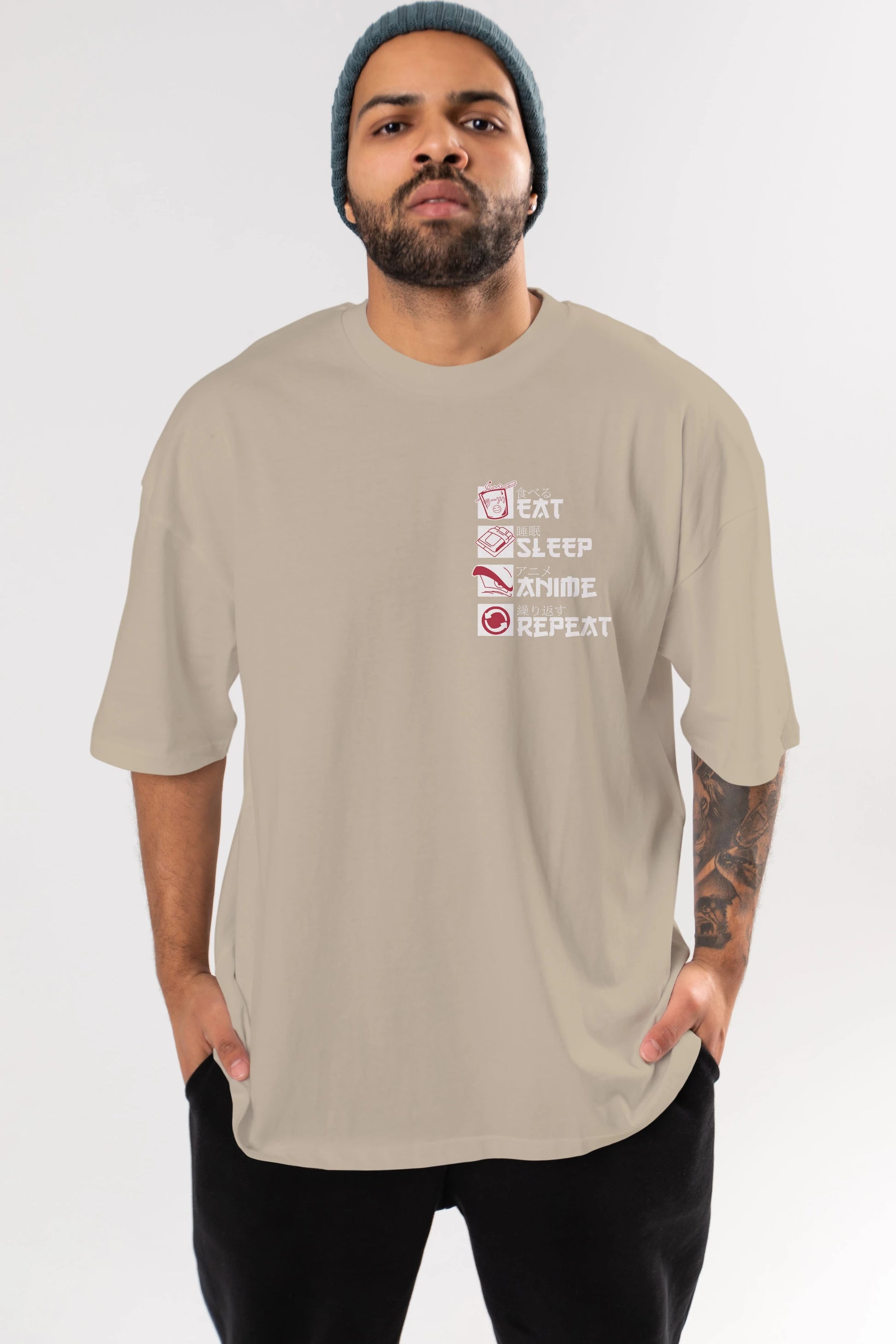 Eat, Sleep, Anime, Repeat Ön Sol Baskılı Oversize t-shirt Erkek Kadın Unisex %100 Pamuk Bisiklet Yaka tişort