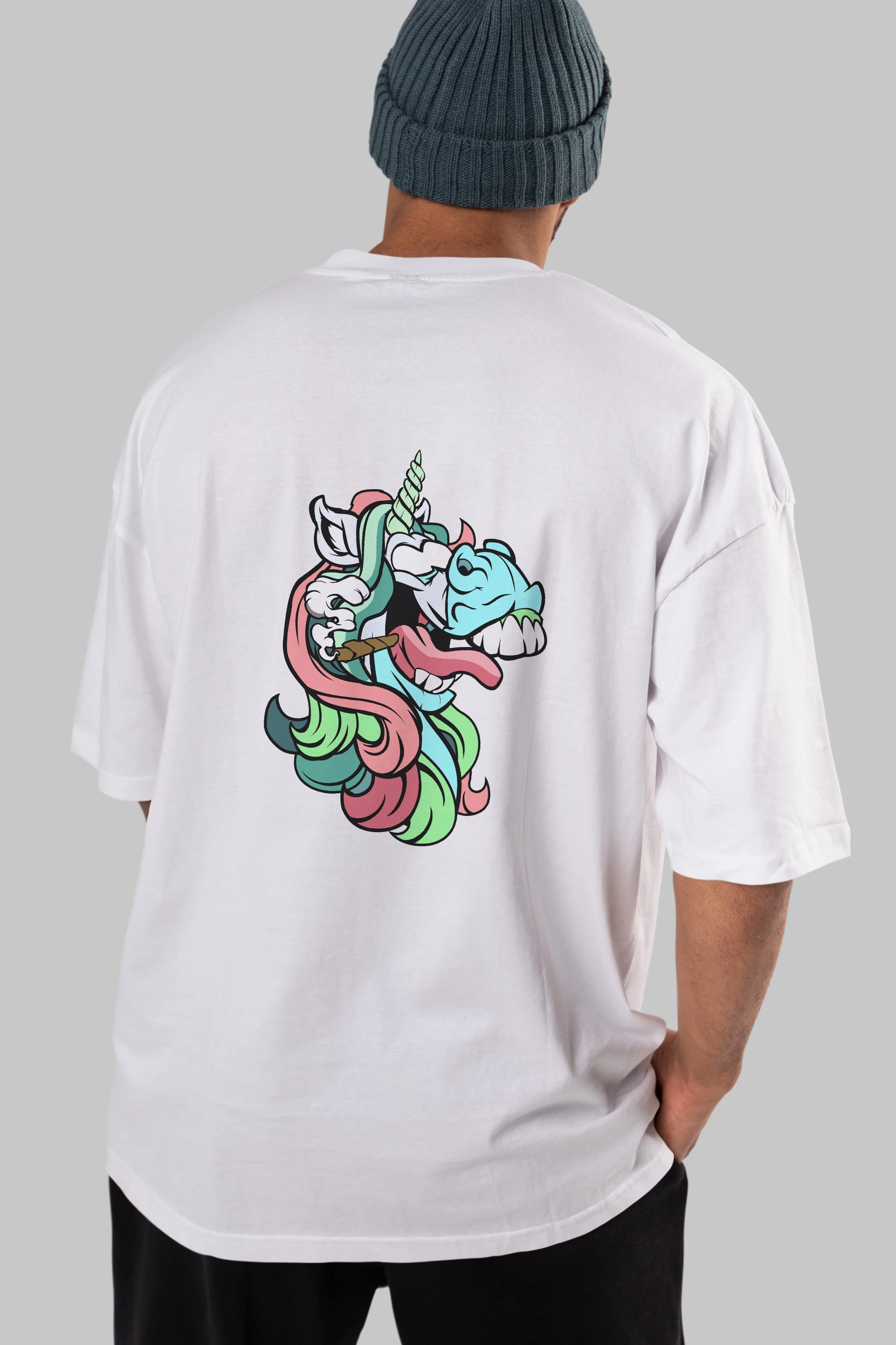Crazy Unicorn Arka Baskılı Oversize t-shirt Erkek Kadın Unisex %100 Pamuk tişort