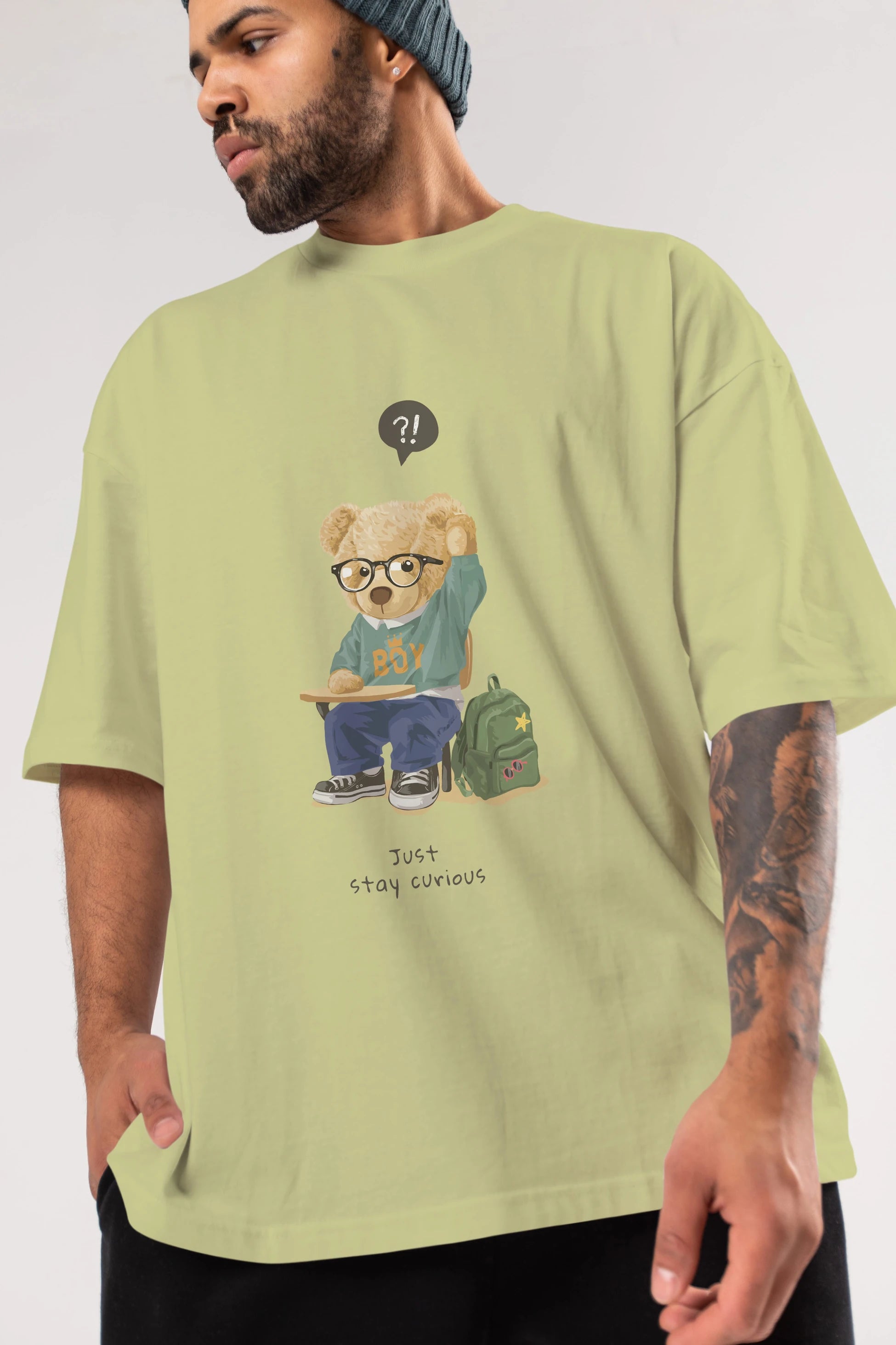 Teddy Bear Just Stay Curious Ön Baskılı Oversize t-shirt Erkek Kadın Unisex %100 Pamuk