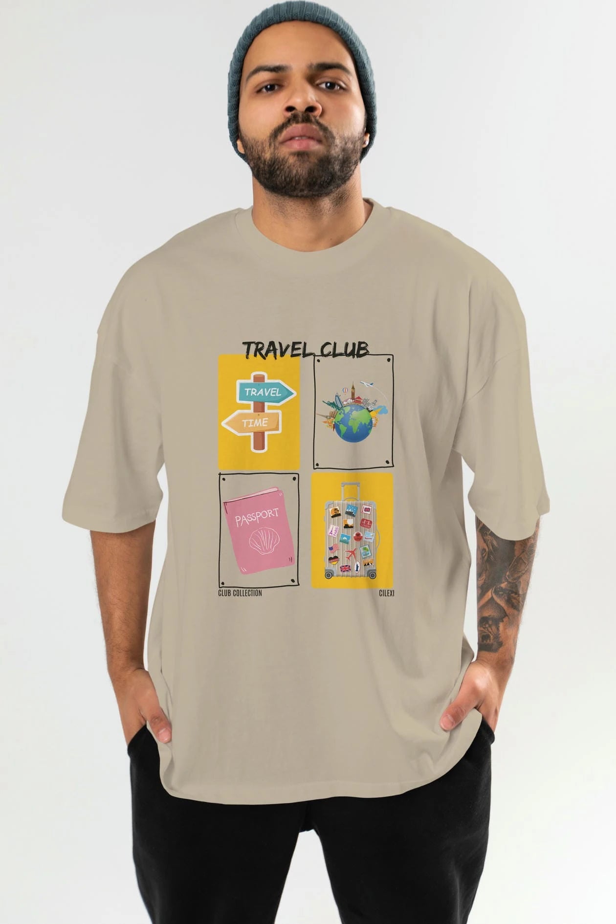 Travel Club ön Baskılı Oversize t-shirt Erkek Kadın %100 Pamuk Bisiklet Yaka tişort