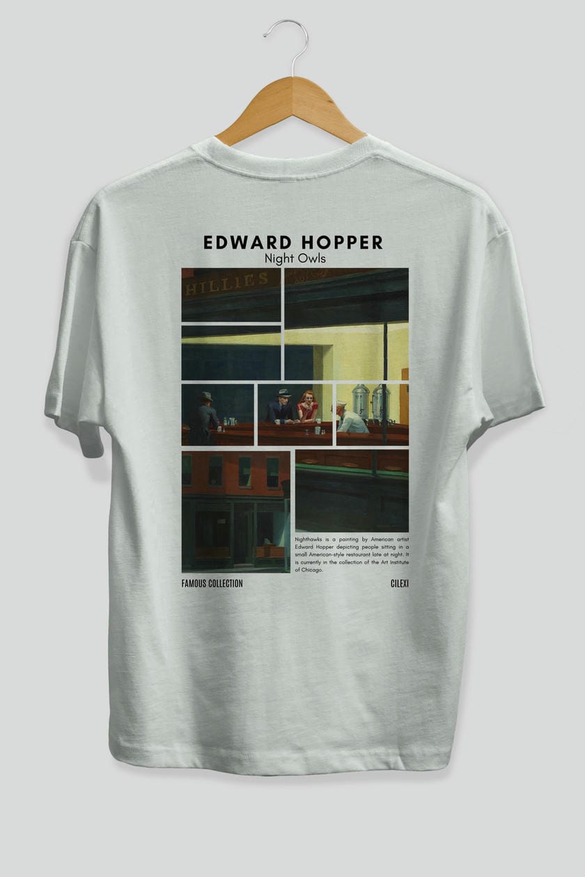 Edward Hopper Night Owls Arka Baskılı Oversize t-shirt Erkek Kadın Bisiklet Yaka Pamuk tişort