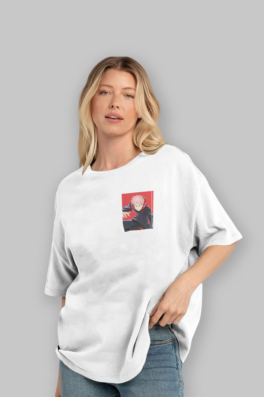 Yuuji Itadori 2 Ön Sol Baskılı Oversize t-shirt Erkek Kadın Unisex %100 Pamuk Bisiklet Yaka tişort