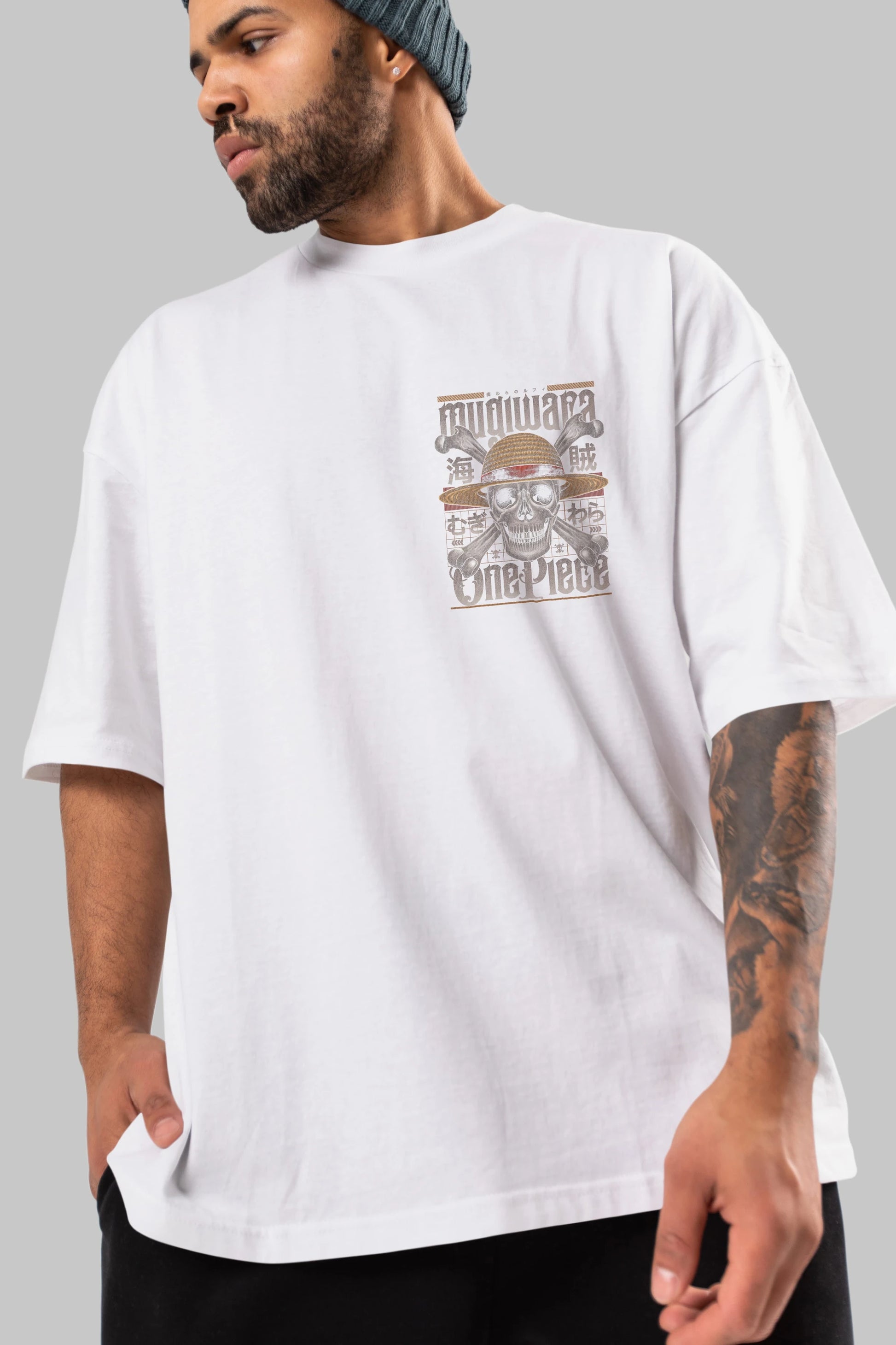 ONE PIECE (2) Ön Sol Baskılı Oversize t-shirt Erkek Kadın Unisex %100 Pamuk Bisiklet Yaka tişort