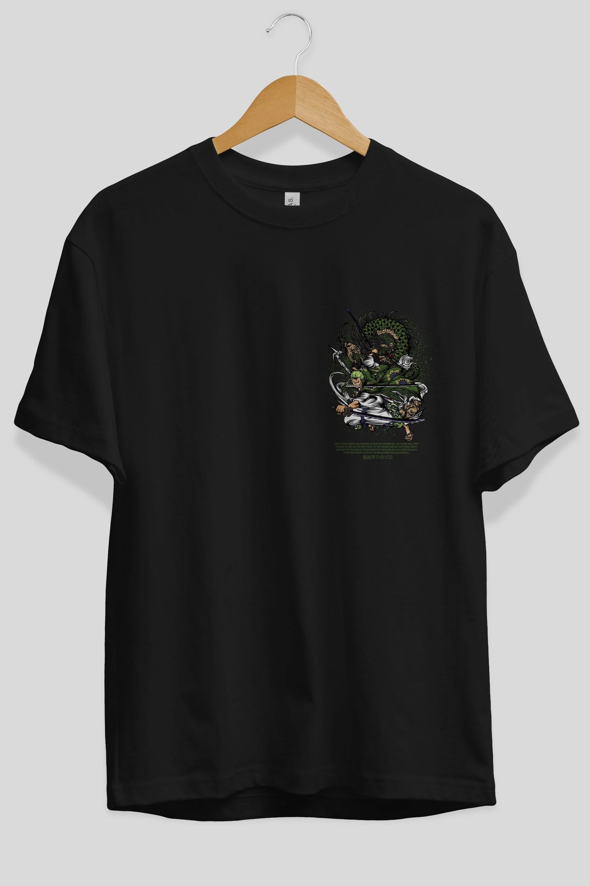 Zoro-ONE PIECE Ön Sol Baskılı Oversize t-shirt Erkek Kadın Unisex %100 Pamuk Bisiklet Yaka tişort