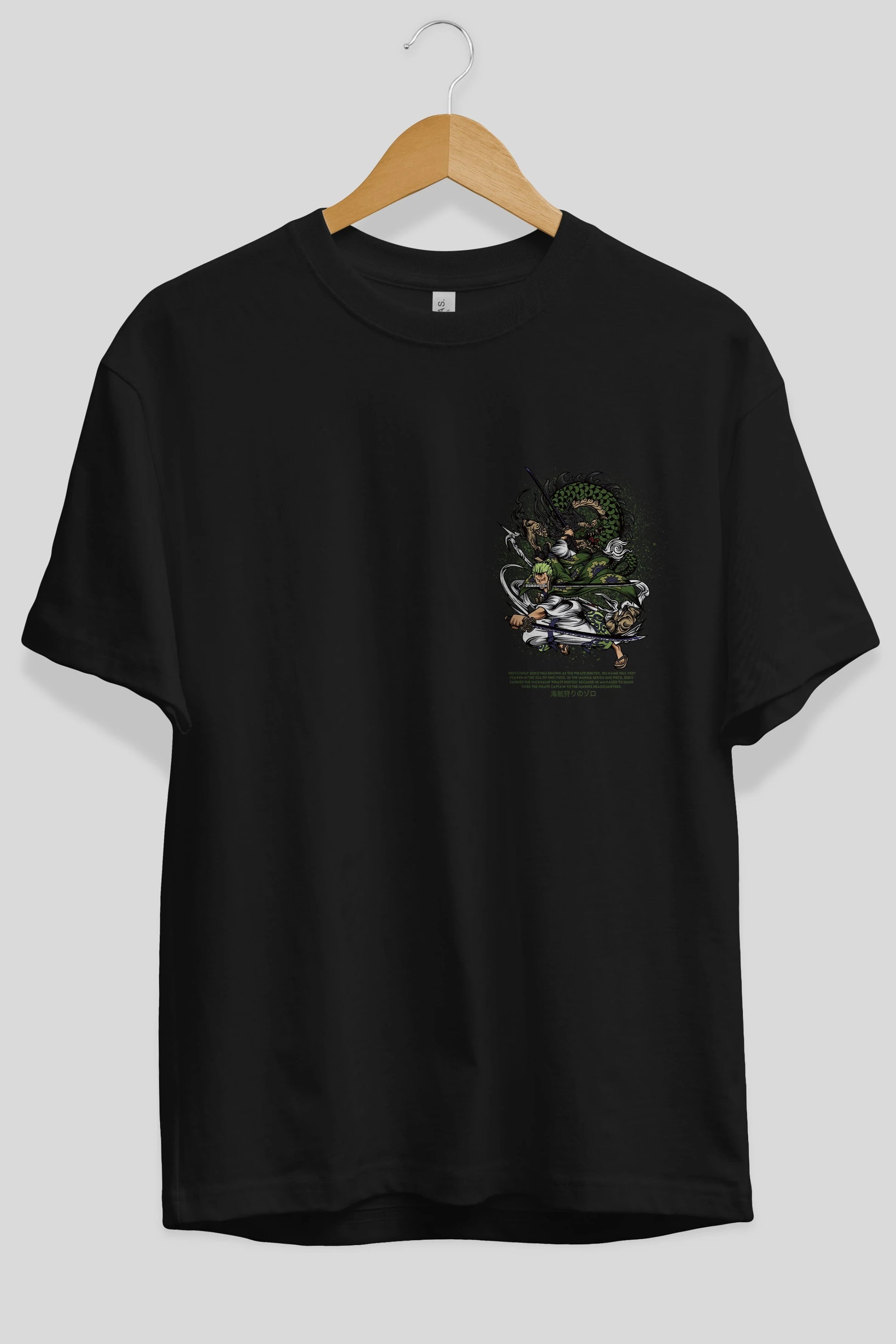 Zoro-ONE PIECE Ön Sol Baskılı Oversize t-shirt Erkek Kadın Unisex %100 Pamuk Bisiklet Yaka tişort