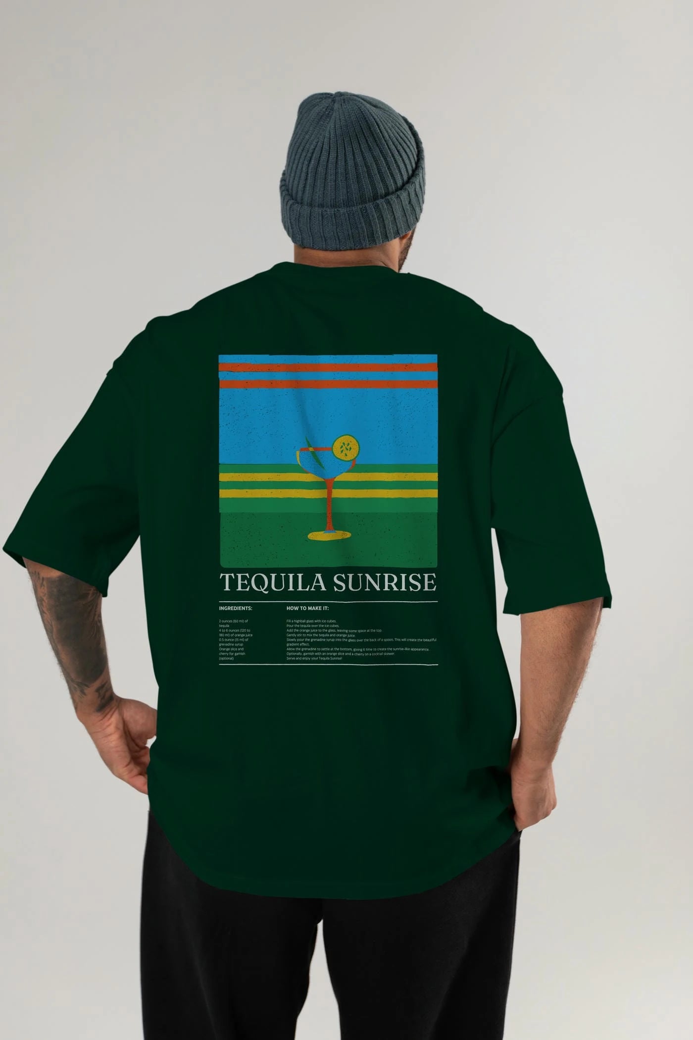 Tequila Sunrise Kokteyl Serisi Arka Baskılı Oversize t-shirt Erkek Kadın %100 Pamuk Bisiklet Yaka tişort