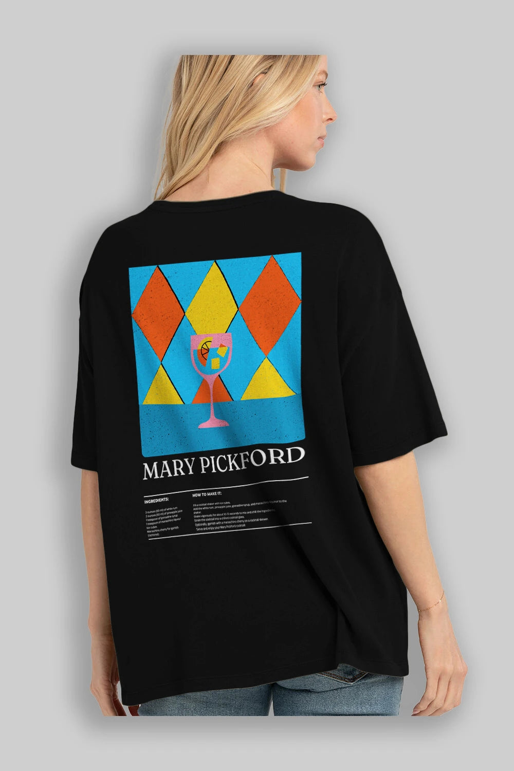 Mary Pickford Kokteyl Serisi Arka Baskılı Oversize t-shirt Erkek Kadın %100 Pamuk Bisiklet Yaka tişort