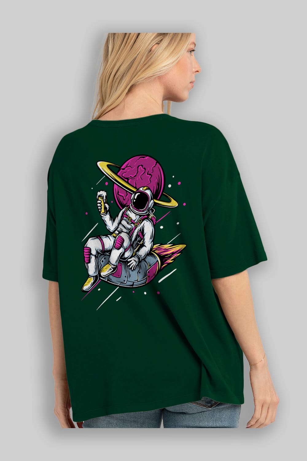 Astronaut Beer Arka Baskılı Oversize t-shirt Erkek Kadın Unisex