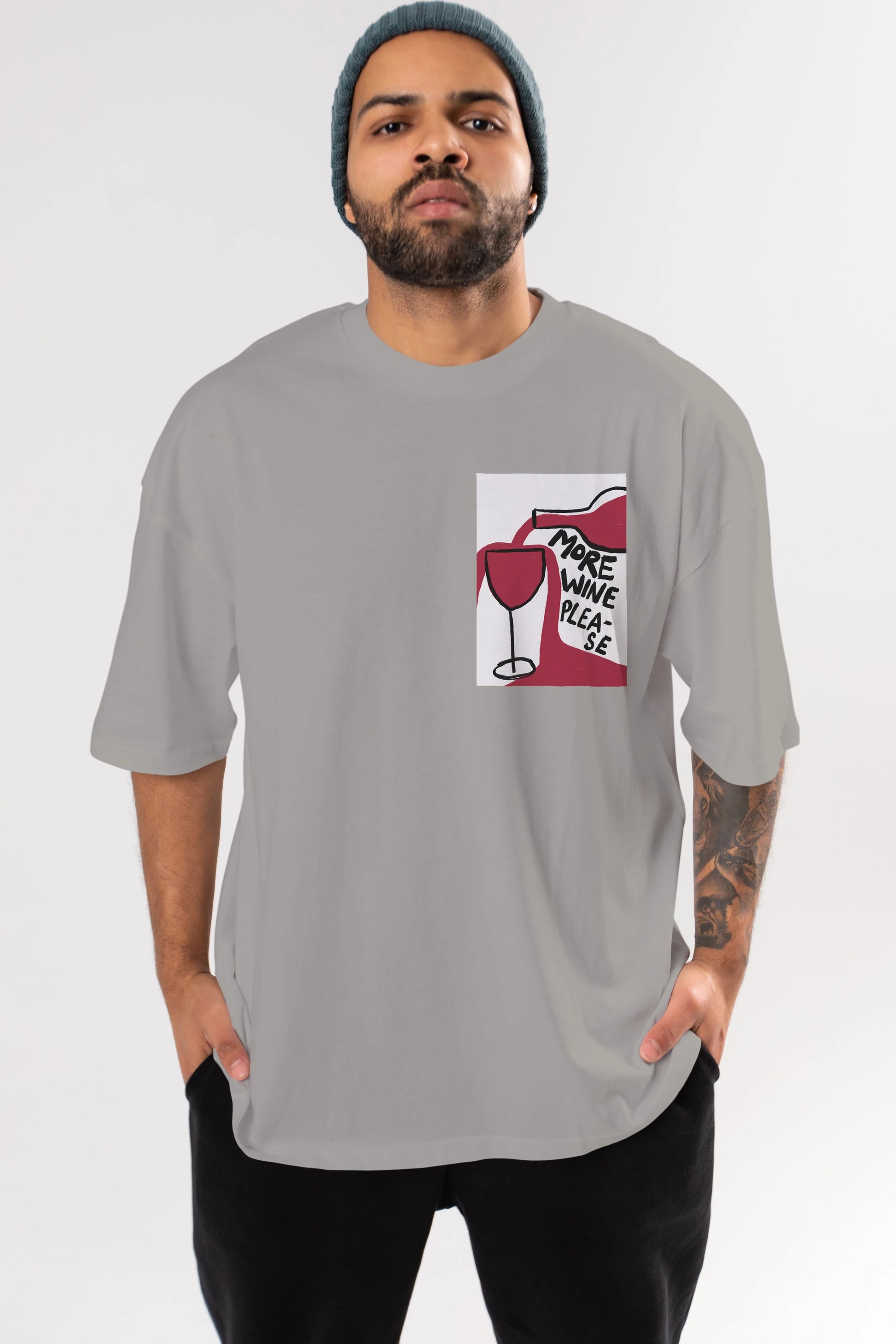 More Wine Please Ön Sol Baskılı Oversize t-shirt Erkek Kadın Unisex %100 Pamuk Bisiklet Yaka tişort