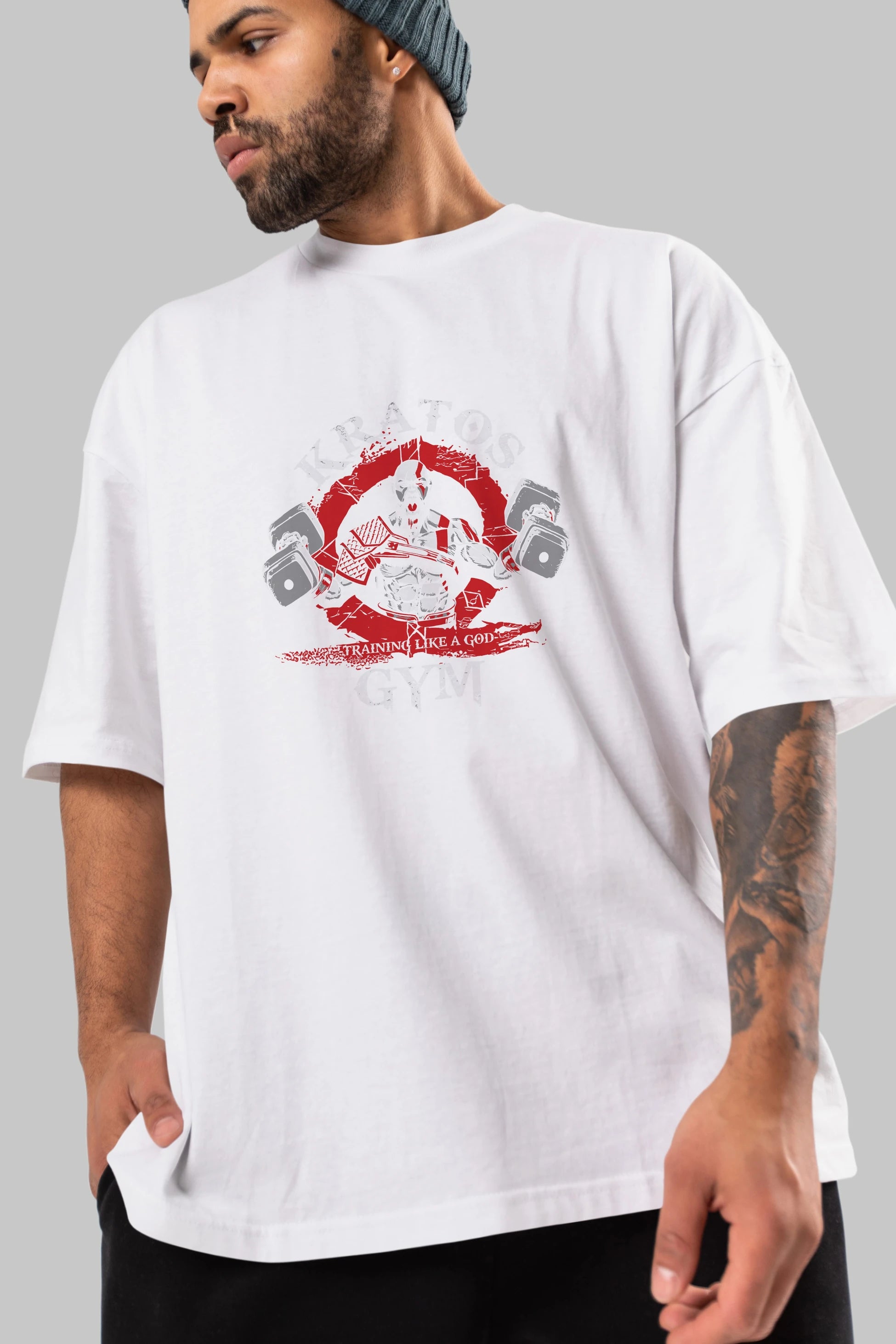 Kratos GYM Ön Baskılı Oversize t-shirt Erkek Kadın Unisex %100 Pamuk Bisiklet Yaka tişort