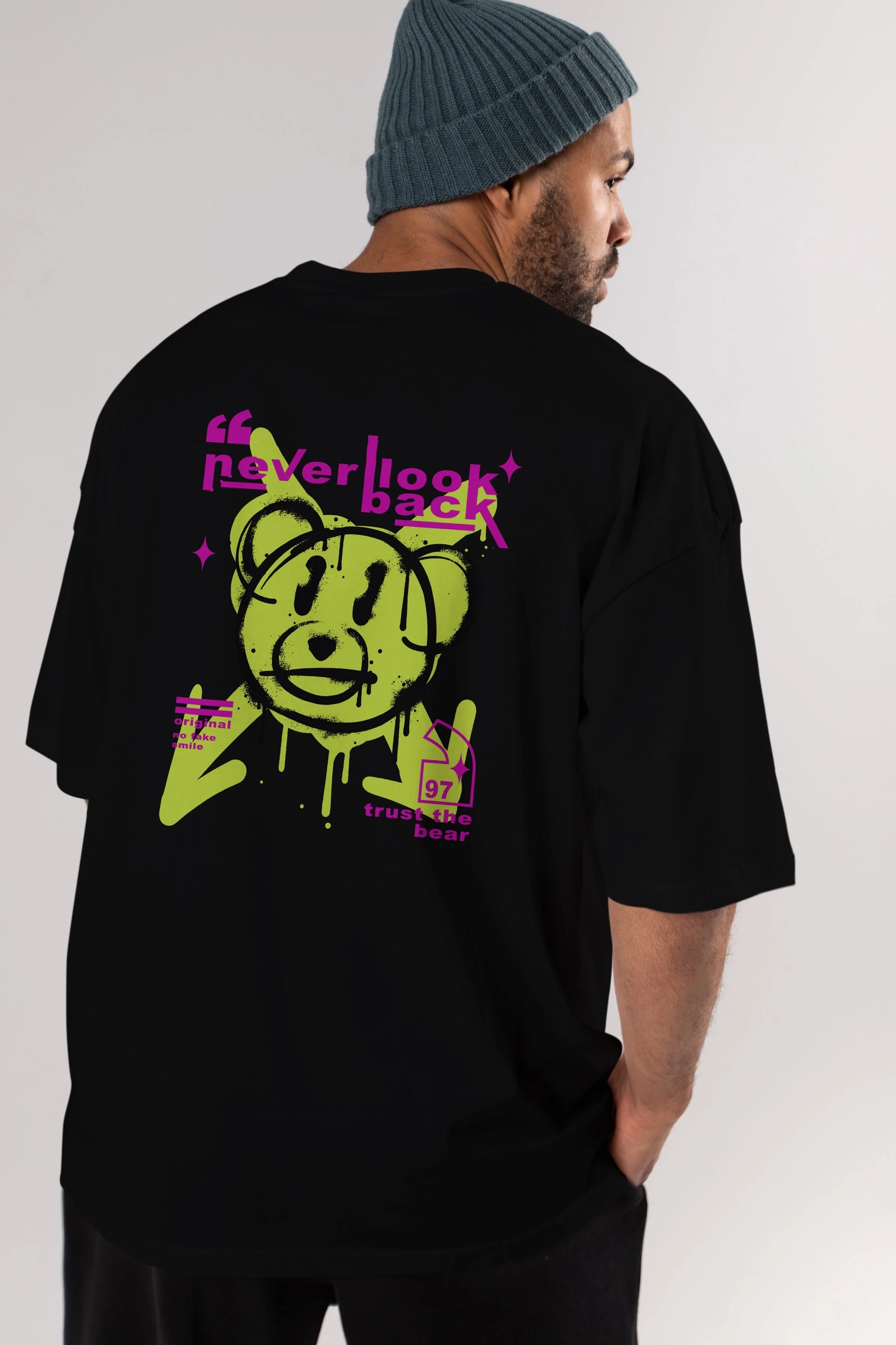 Never Look Back Bear Arka Baskılı Oversize t-shirt Erkek Kadın Unisex