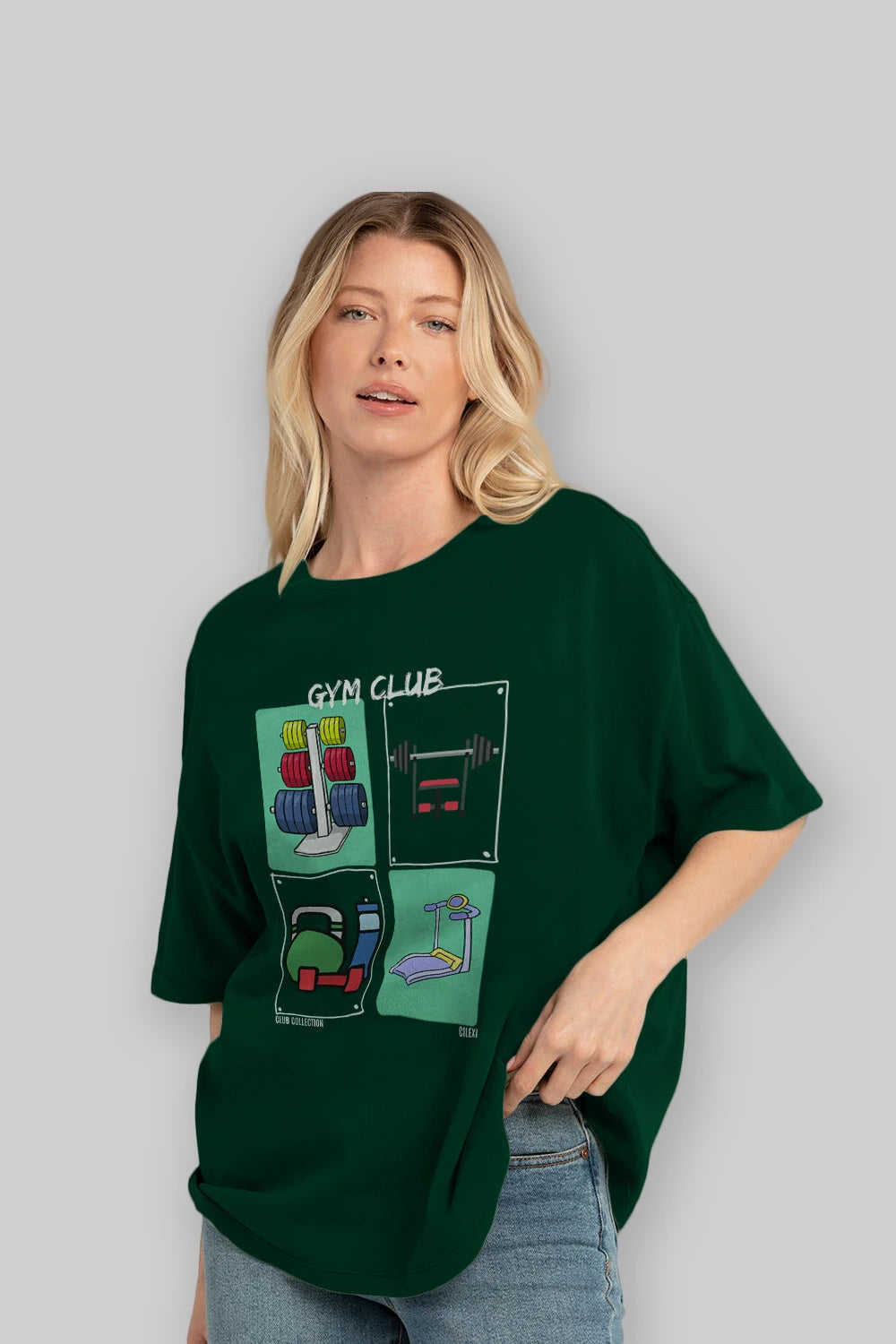 Gym Club ön Baskılı Oversize t-shirt Erkek Kadın %100 Pamuk Bisiklet Yaka tişort