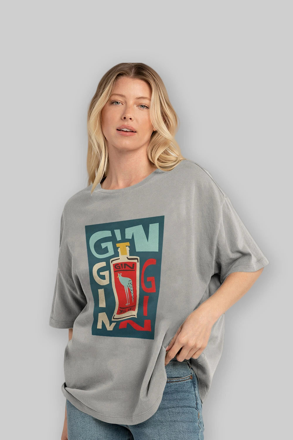 Gin 2 Ön Baskılı Oversize t-shirt Erkek Kadın Unisex %100 Pamuk Bisiklet Yaka tişort