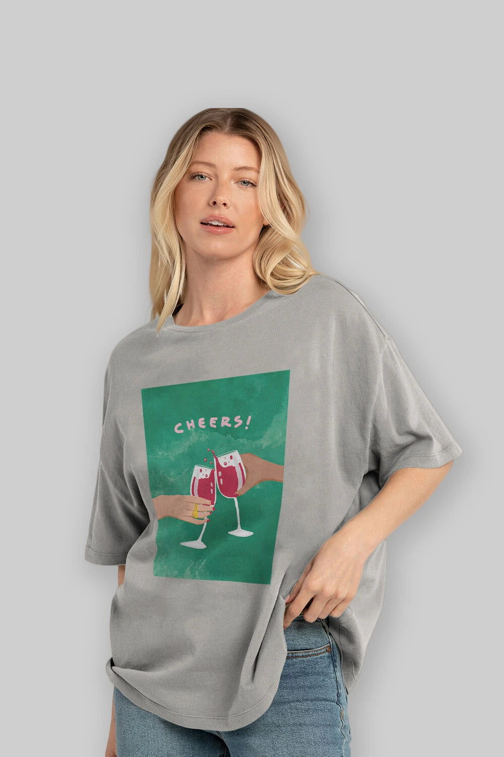 Cheers Ön Baskılı Oversize t-shirt Erkek Kadın Unisex %100 Pamuk Bisiklet Yaka tişort