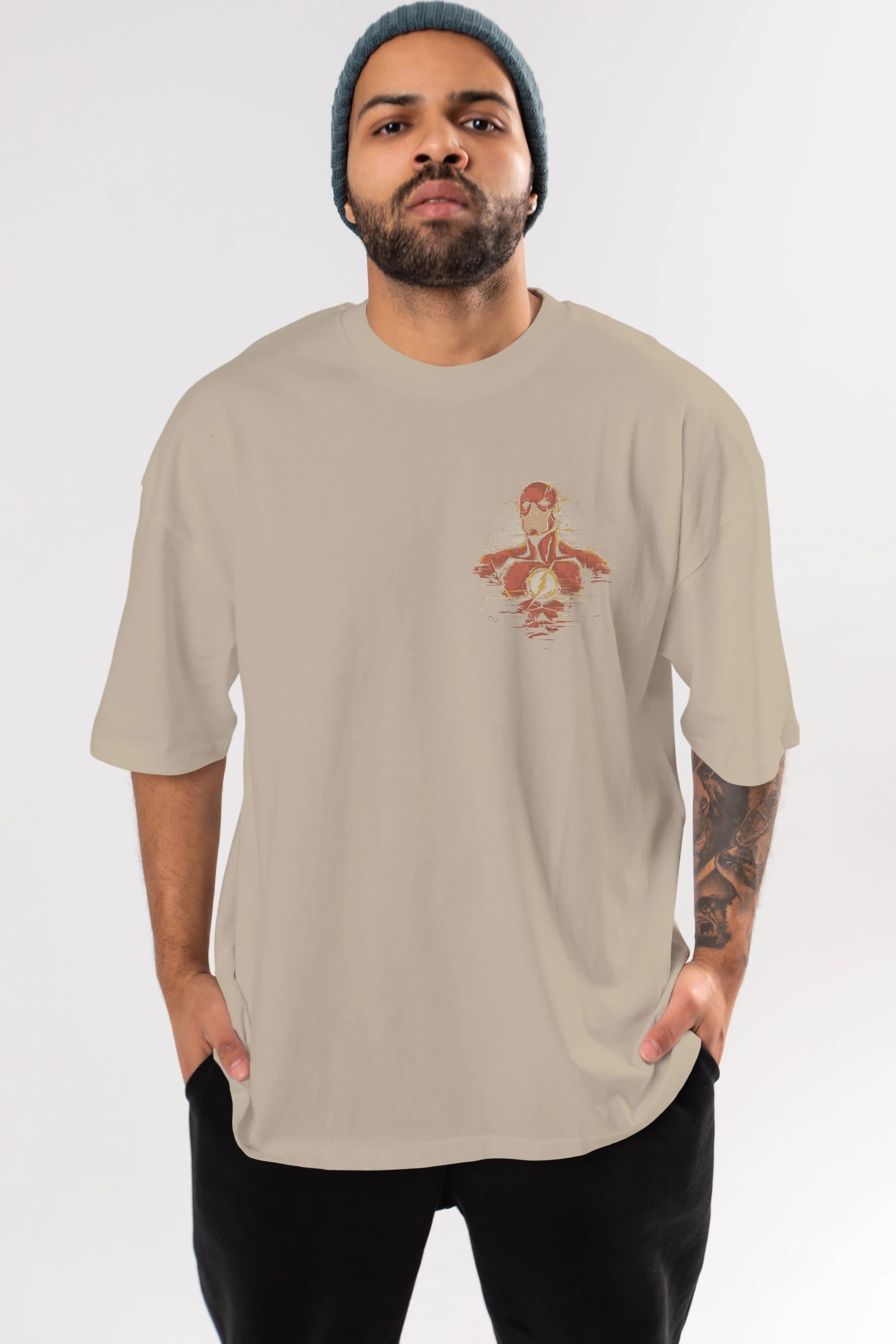 Flash Avengers Ön Sol Baskılı Oversize t-shirt Erkek Kadın Unisex %100 Pamuk Bisiklet Yaka tişort