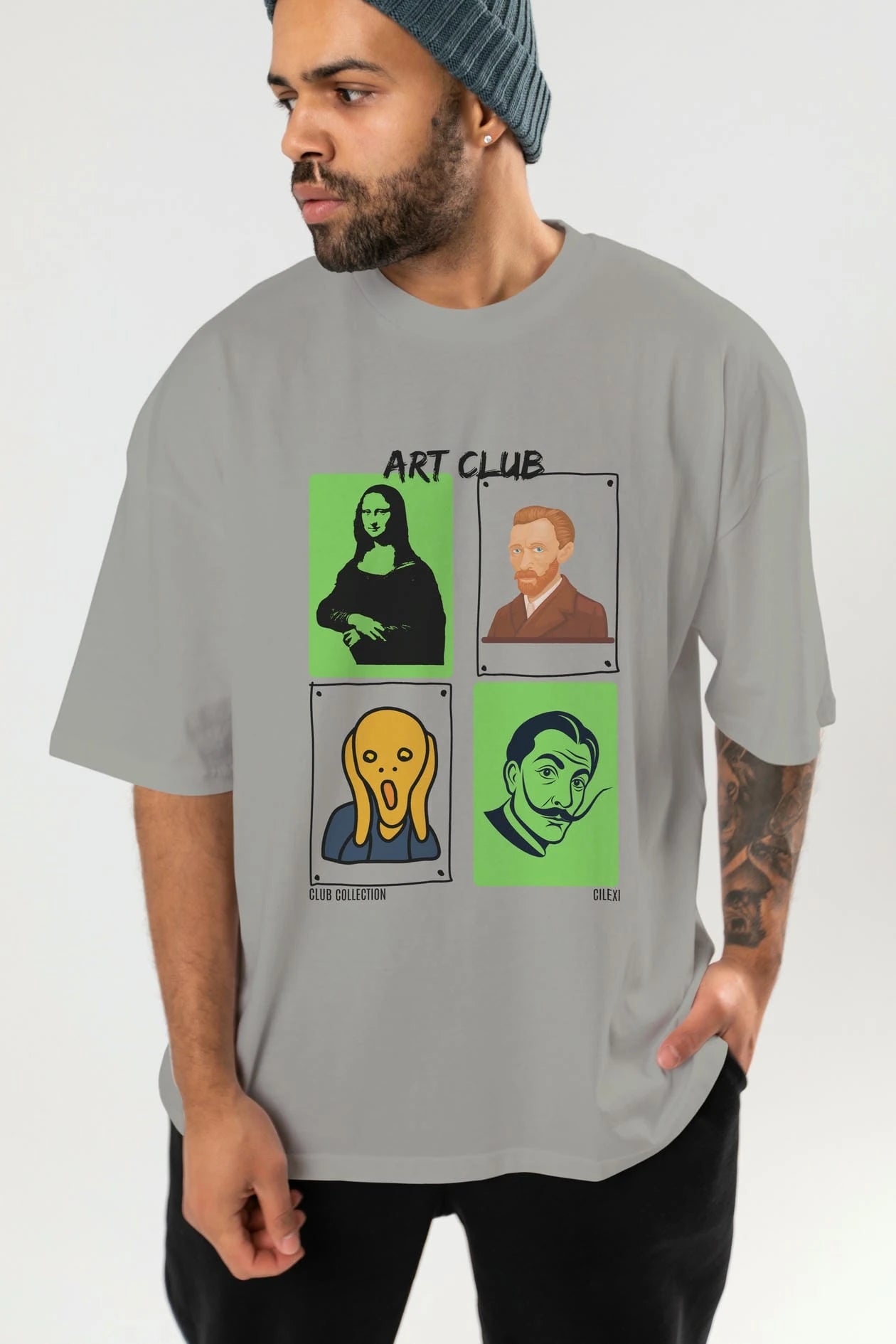 Art Club ön Baskılı Oversize t-shirt Erkek Kadın %100 Pamuk Bisiklet Yaka tişort