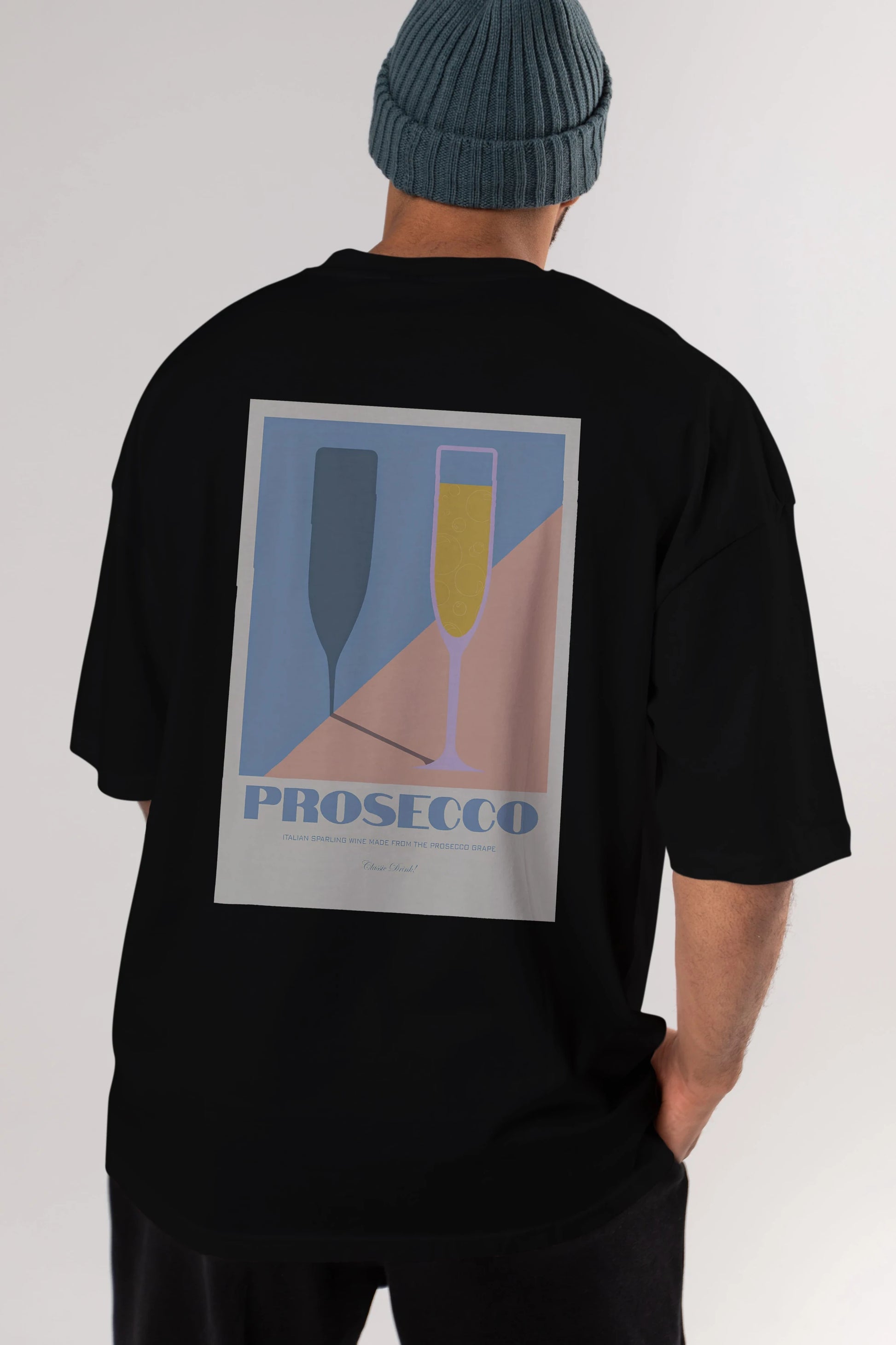 Prosecco Arka Baskılı Oversize t-shirt Erkek Kadın Unisex %100 Pamuk Bisiklet Yaka tişort