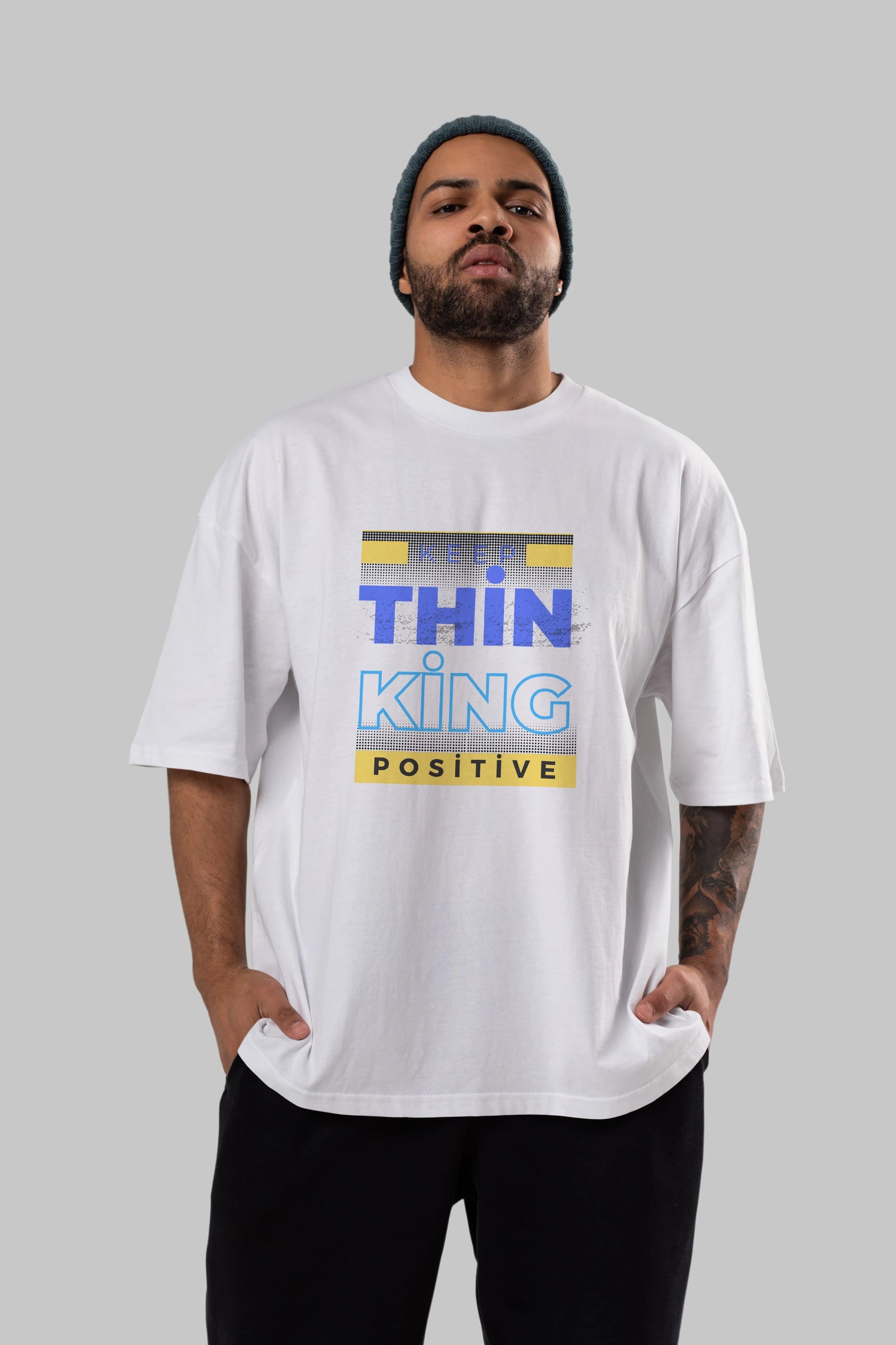 Keep Thinking Positive Yazılı Ön Baskılı Oversize t-shirt Erkek Kadın Unisex
