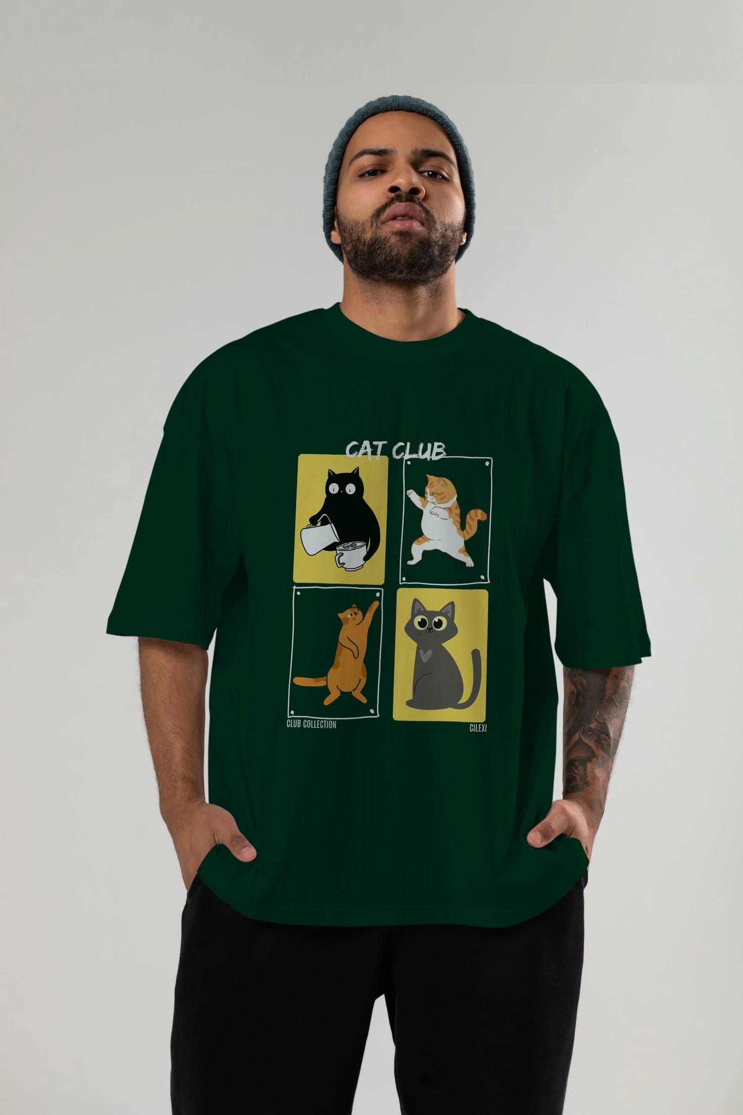 Cat Club ön Baskılı Oversize t-shirt Erkek Kadın %100 Pamuk Bisiklet Yaka tişort
