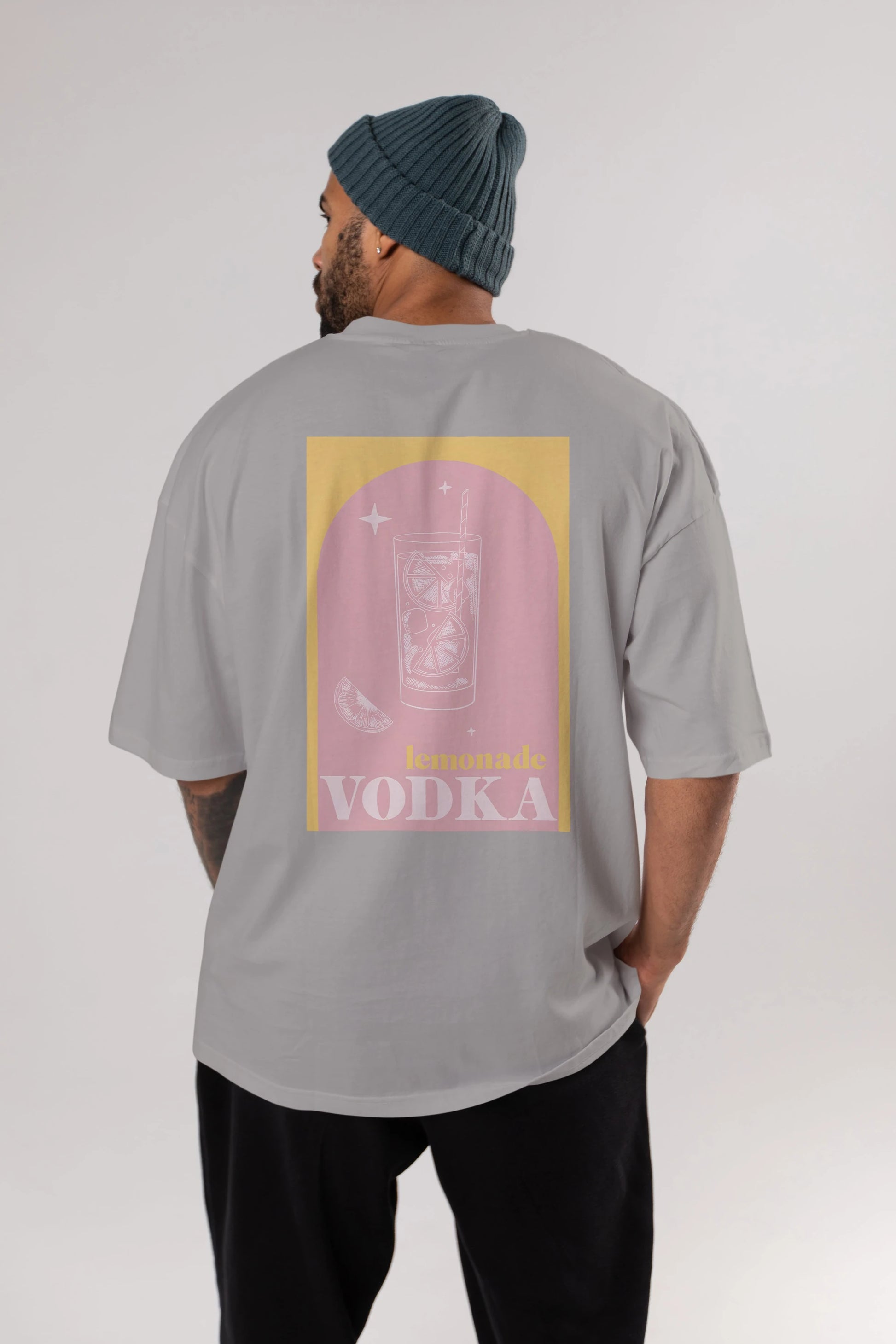 Vodka Limon Arka Baskılı Oversize t-shirt Erkek Kadın Unisex %100 Pamuk Bisiklet Yaka tişort