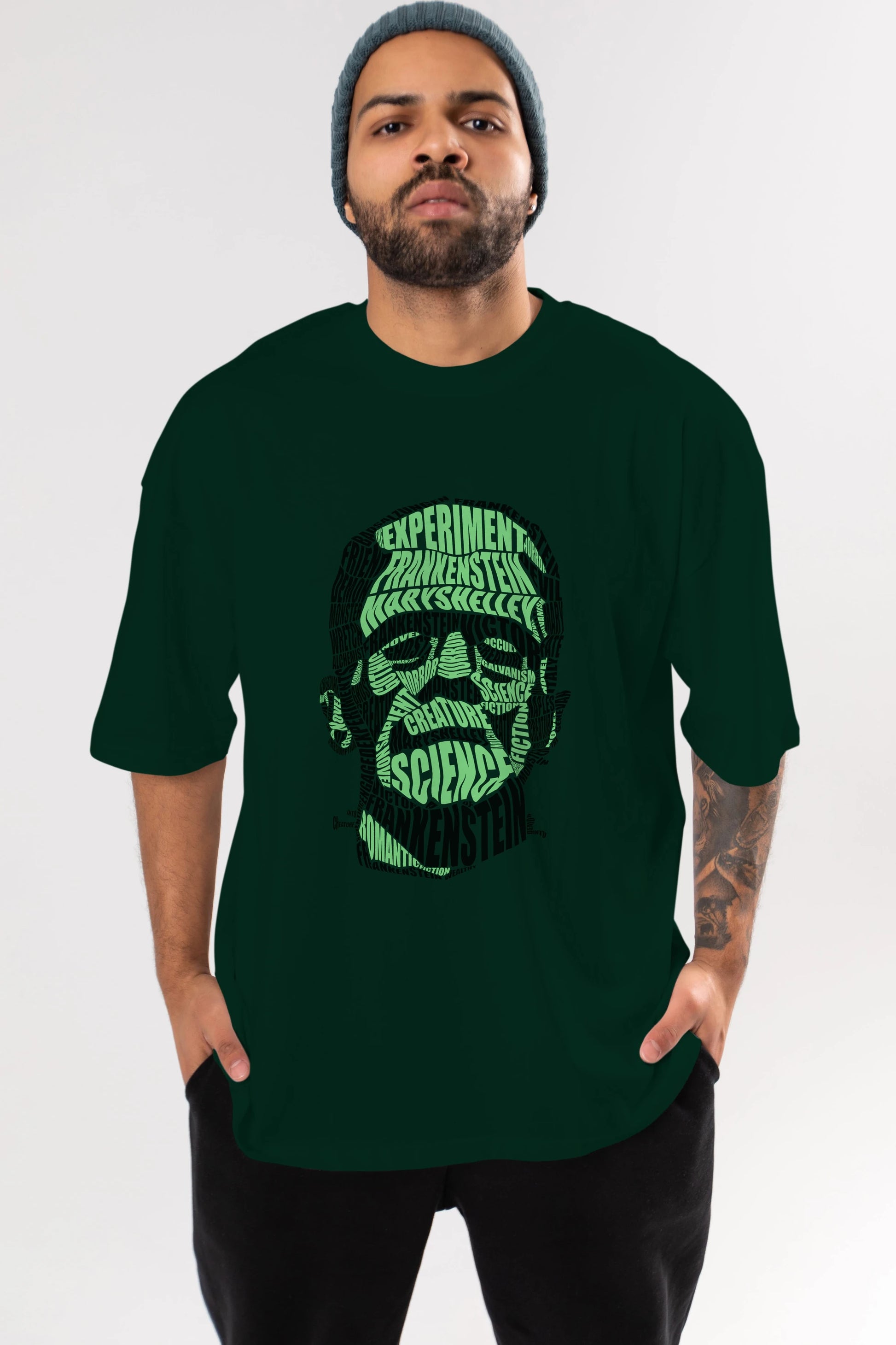 Frankenstein Calligram Ön Baskılı Oversize t-shirt %100 pamuk Erkek Kadın Unisex