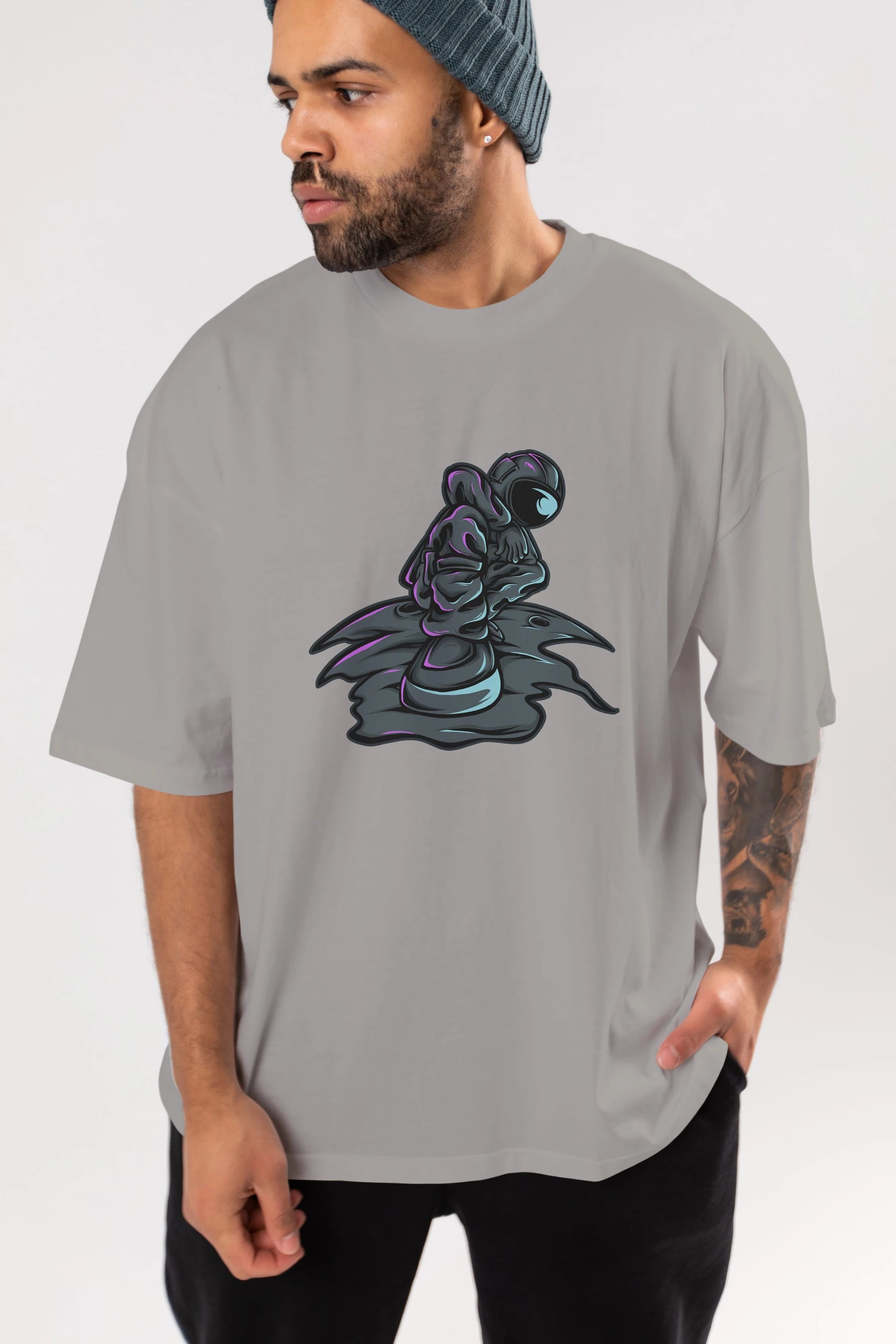 Stylish Astronaut Ön Baskılı Oversize t-shirt Erkek Kadın Unisex