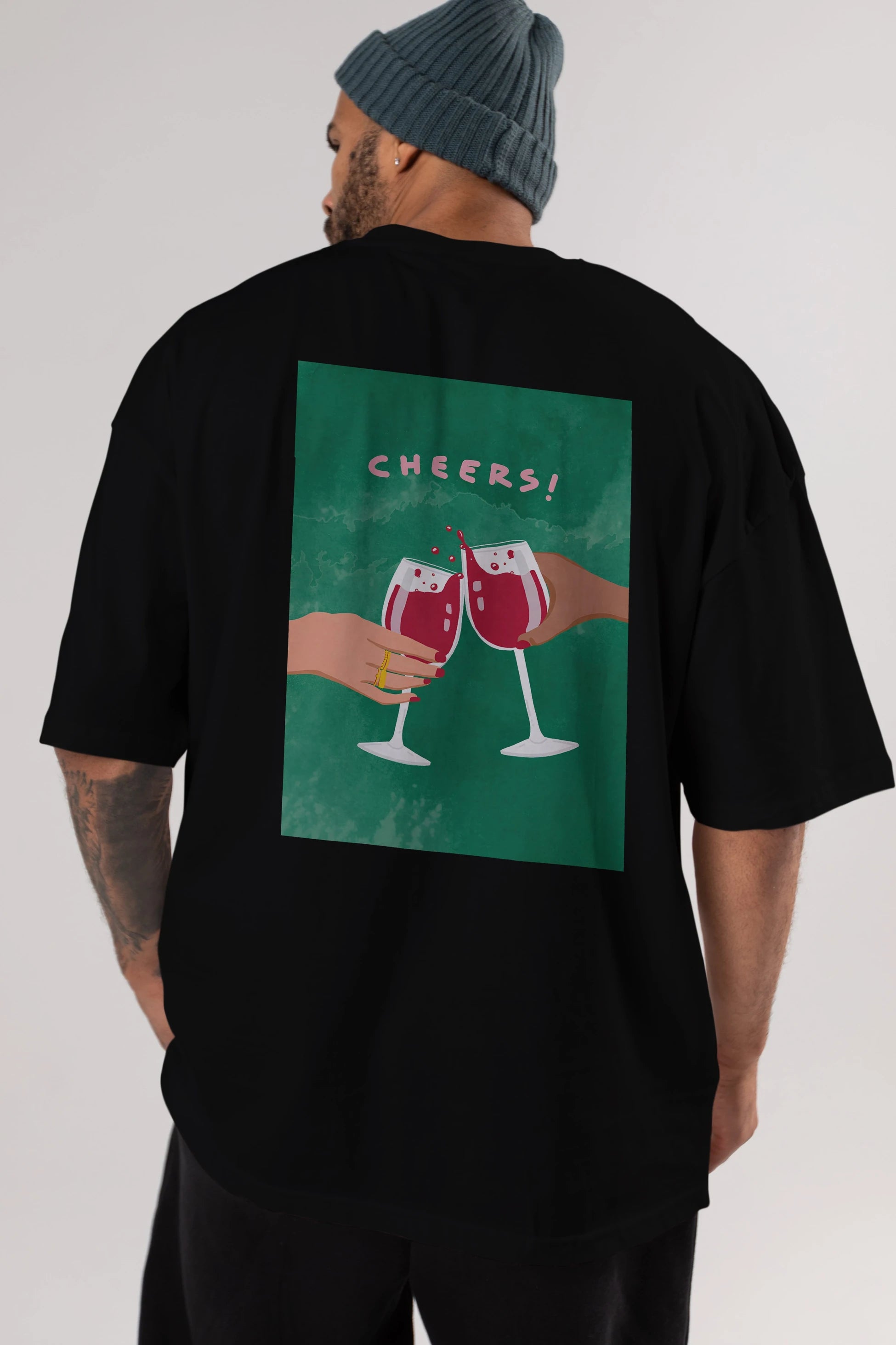 Cheers Arka Baskılı Oversize t-shirt Erkek Kadın Unisex %100 Pamuk Bisiklet Yaka tişort