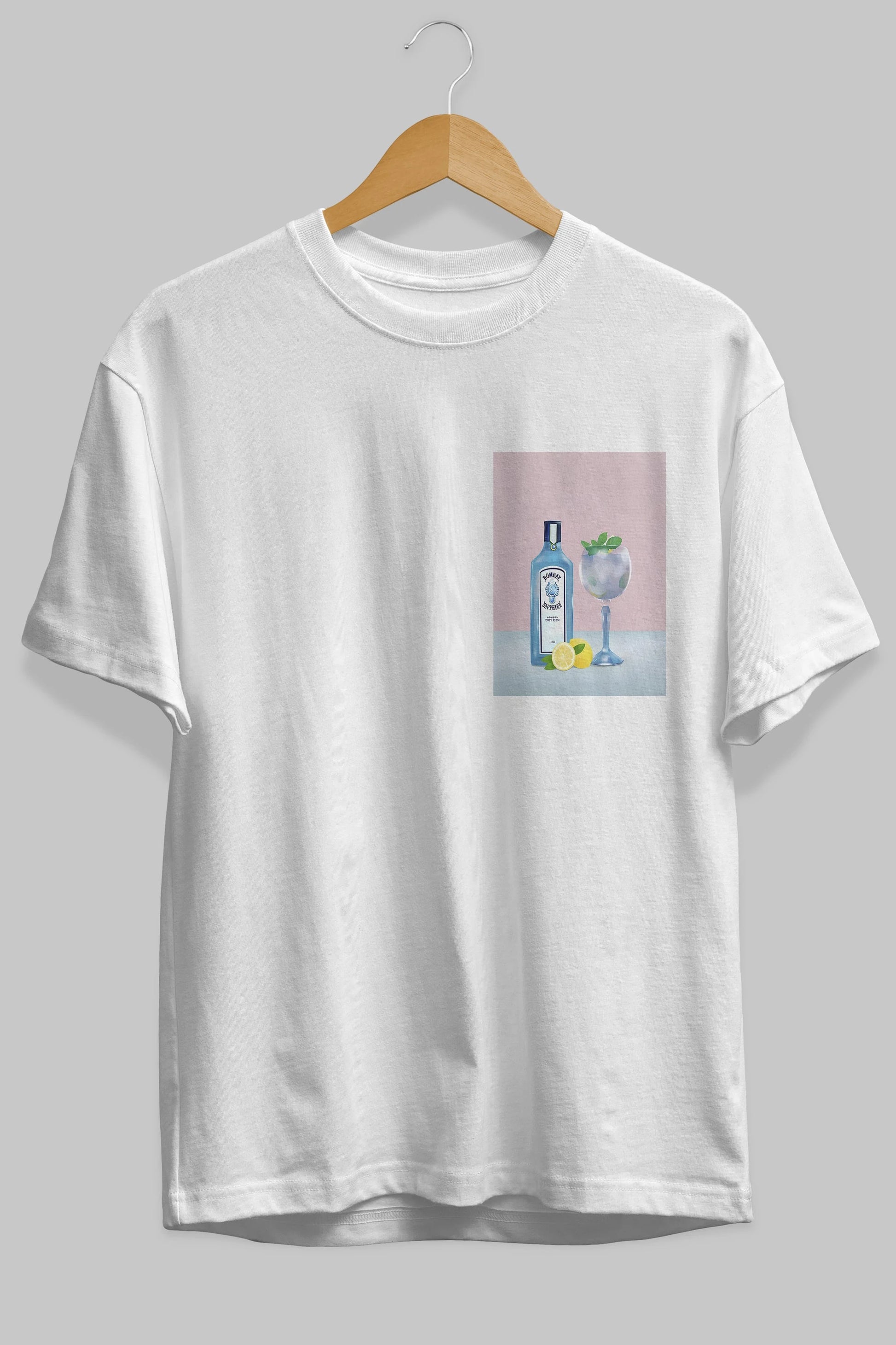 Bombay Sapphire Dry Gin Ön Sol Baskılı Oversize t-shirt Erkek Kadın Unisex %100 Pamuk Bisiklet Yaka tişort