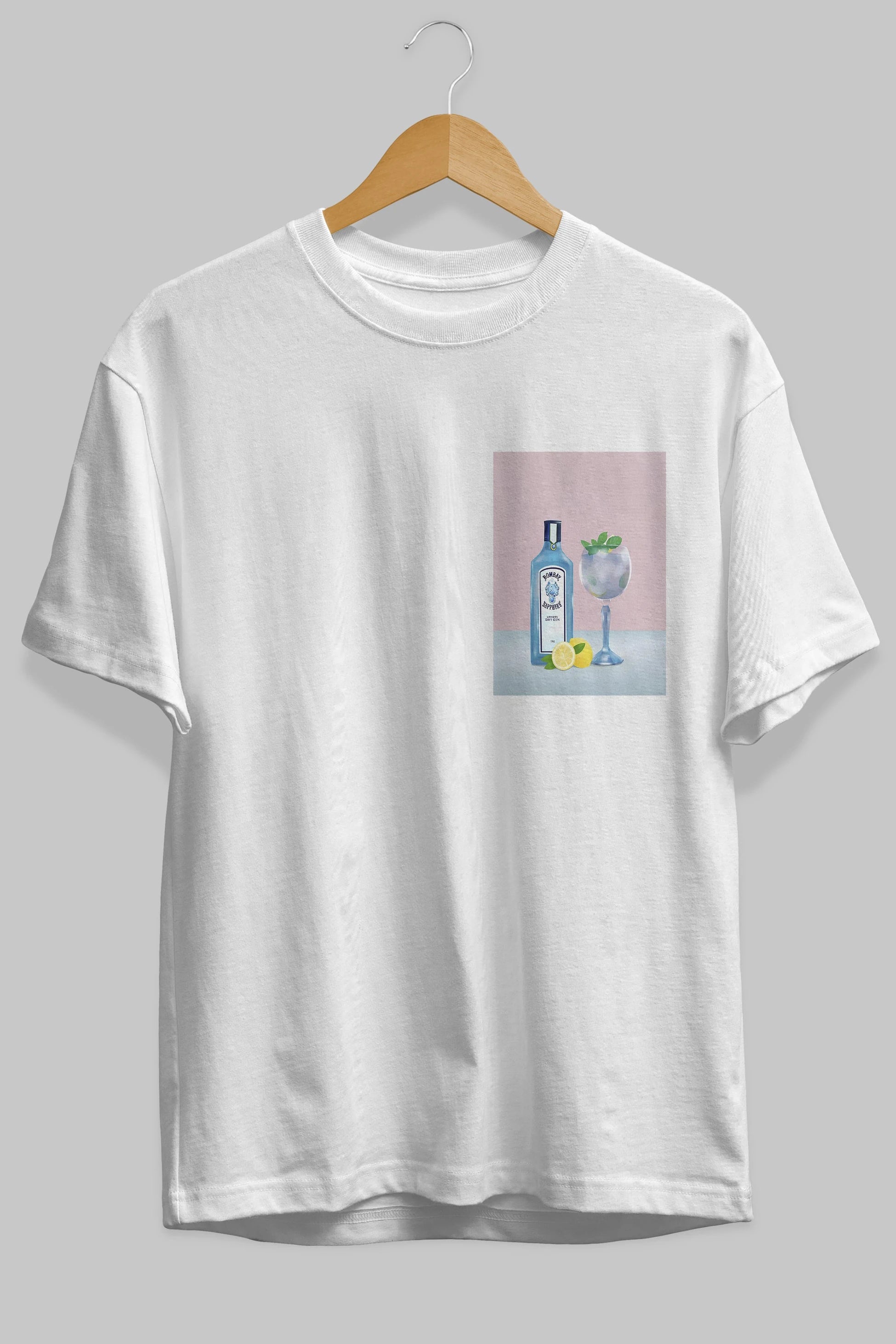 Bombay Sapphire Dry Gin Ön Sol Baskılı Oversize t-shirt Erkek Kadın Unisex %100 Pamuk Bisiklet Yaka tişort