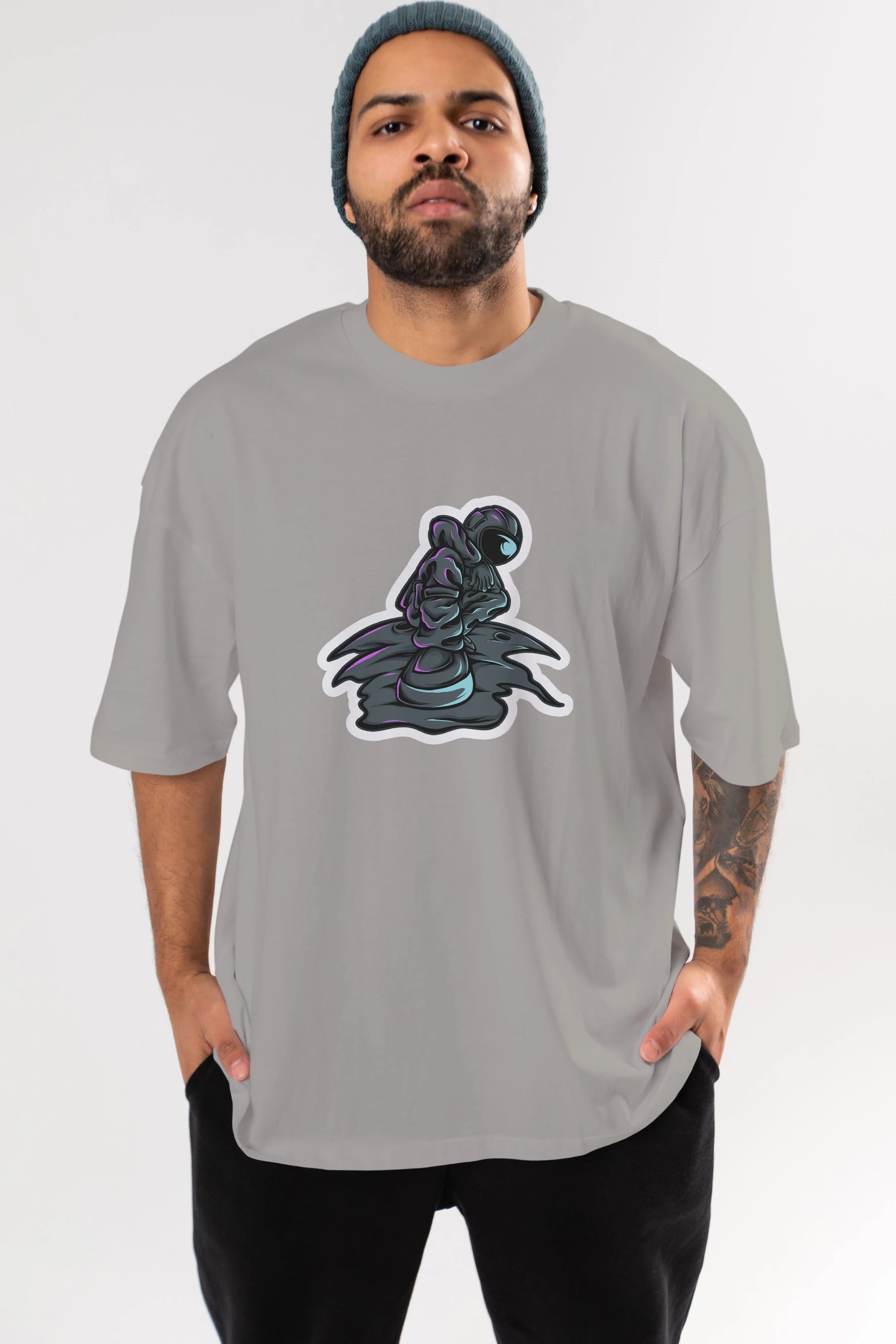 Stylish Astronaut Sticker Ön Baskılı Oversize t-shirt Erkek Kadın Unisex