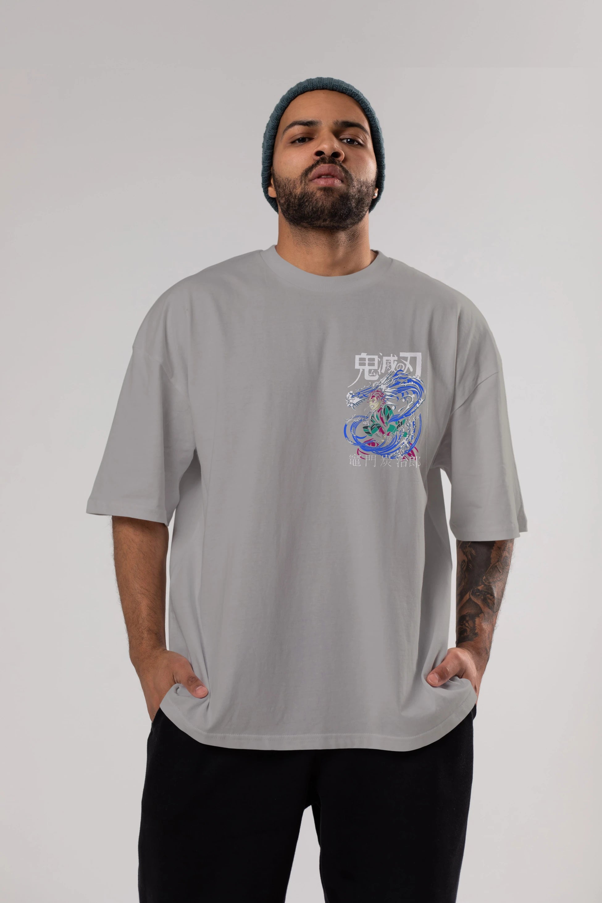 TANJIRO KAMADO 2 Ön Sol Baskılı Oversize t-shirt Erkek Kadın Unisex %100 Pamuk Bisiklet Yaka tişort