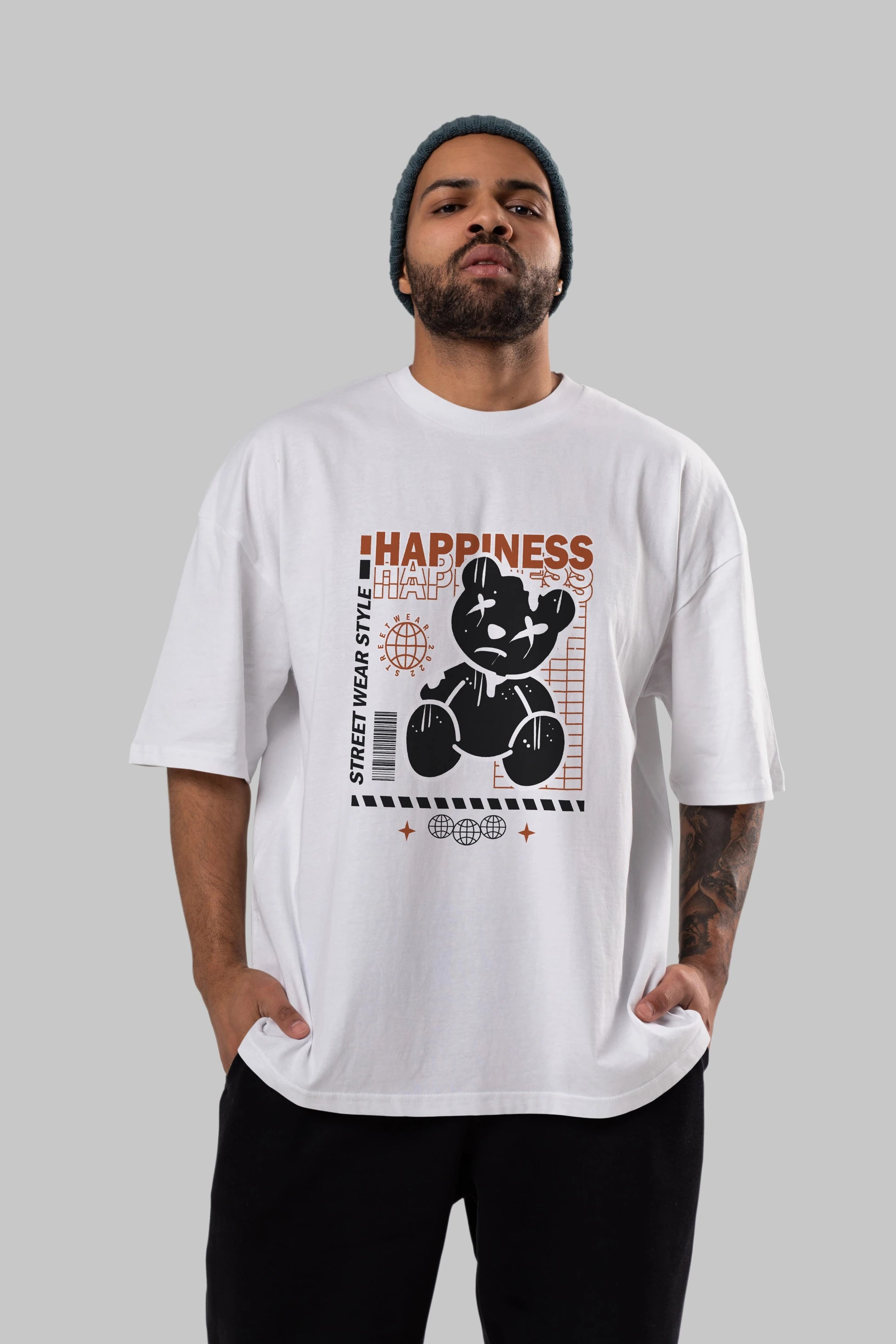 Happiness Bear 2 Ön Baskılı Oversize t-shirt Erkek Kadın Unisex