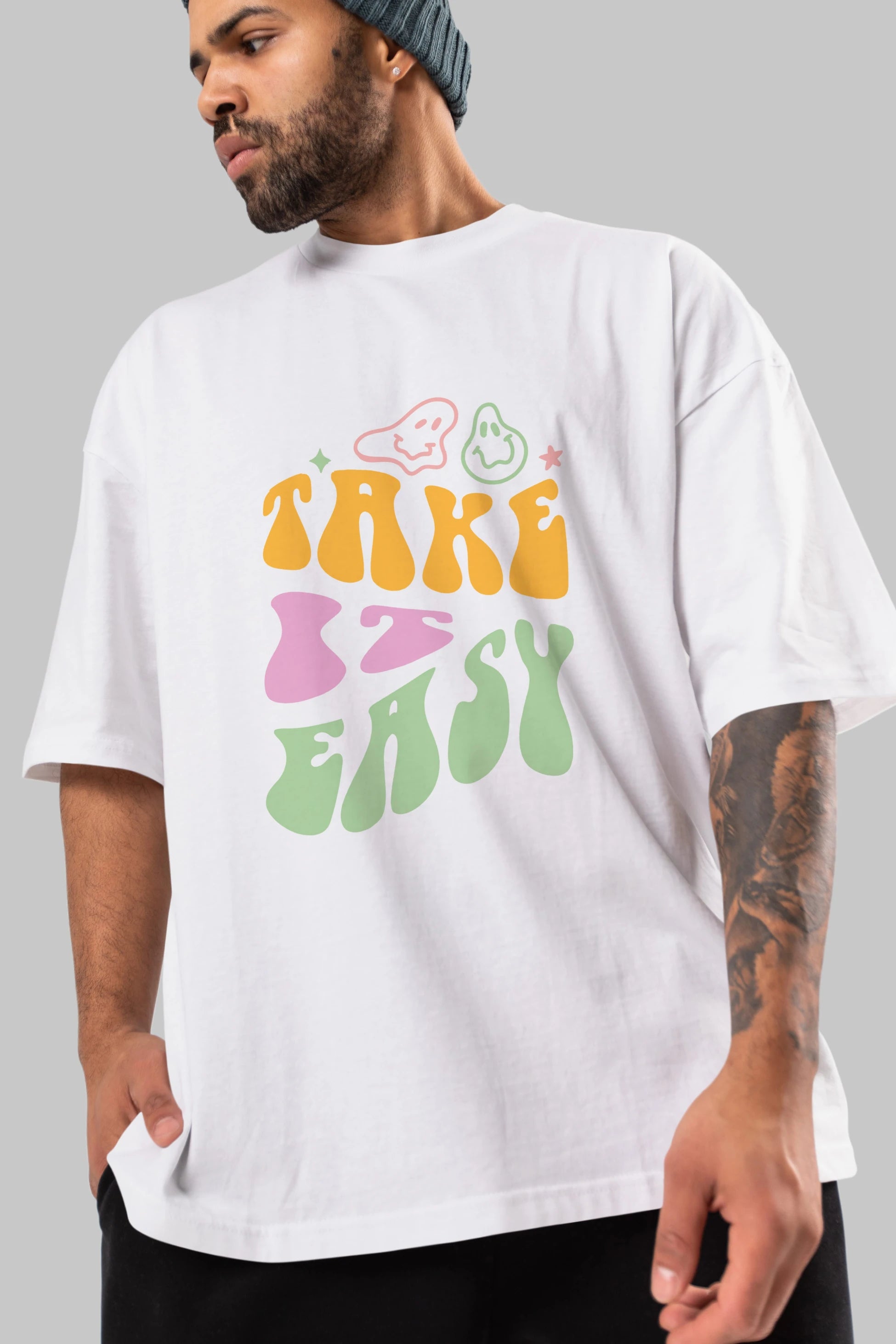 Take it Easy Yazılı Ön Baskılı Oversize t-shirt Erkek Kadın Unisex
