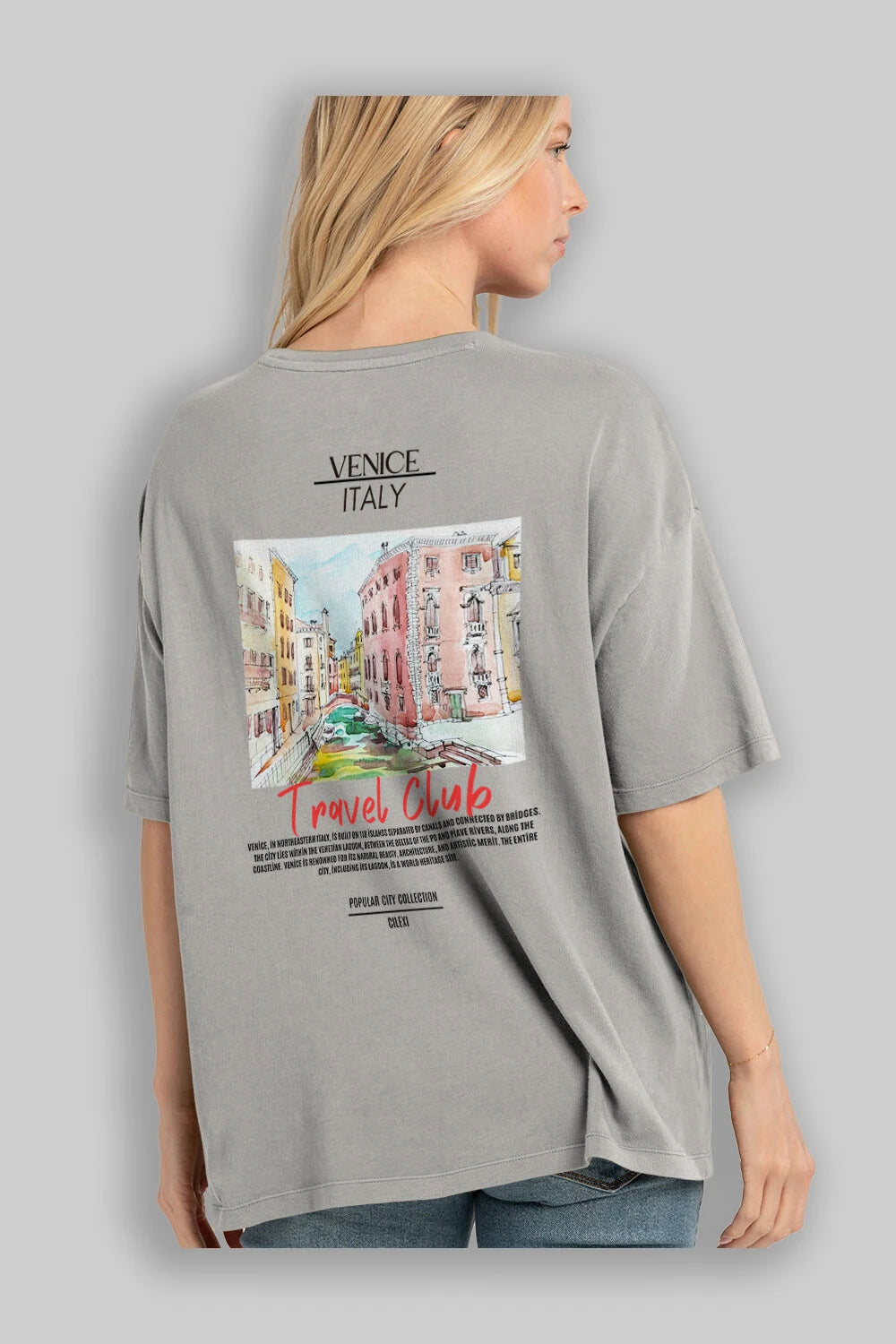 Venice İtaly Arka Baskılı Oversize t-shirt Erkek Kadın Pamuk Bisiklet Yaka tişort
