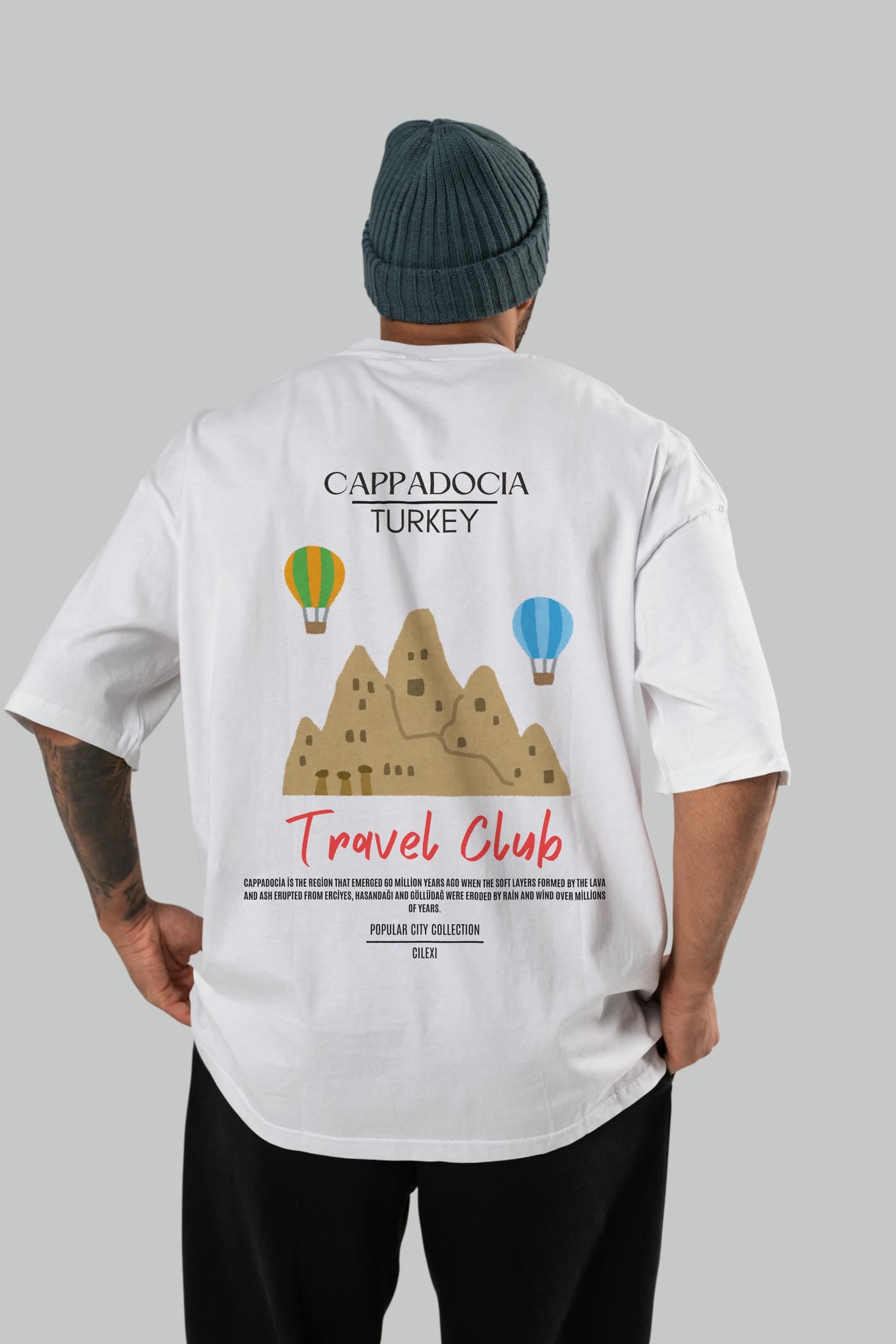 Cappadocia Turkey Arka Baskılı Oversize t-shirt Erkek Kadın Pamuk Bisiklet Yaka tişort