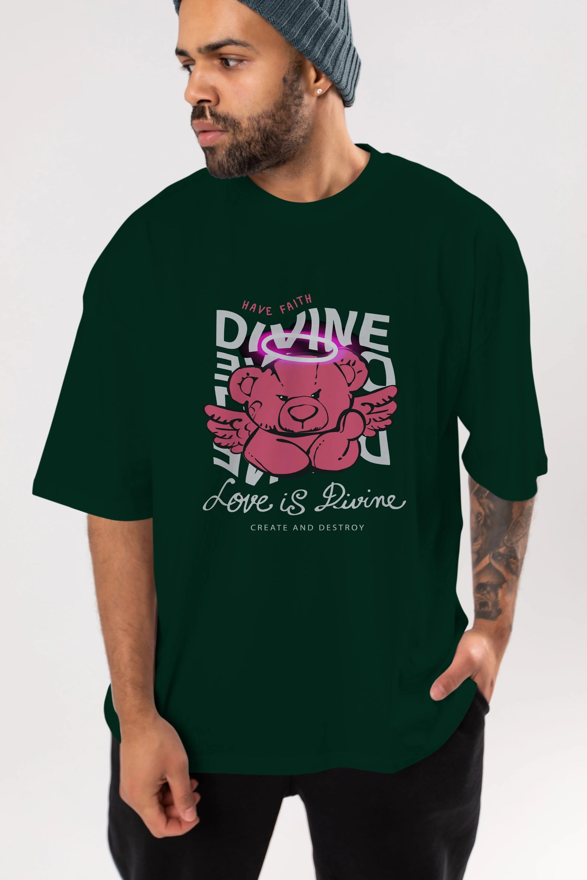 Love is Divine Bear Ön Baskılı Oversize t-shirt Erkek Kadın Unisex