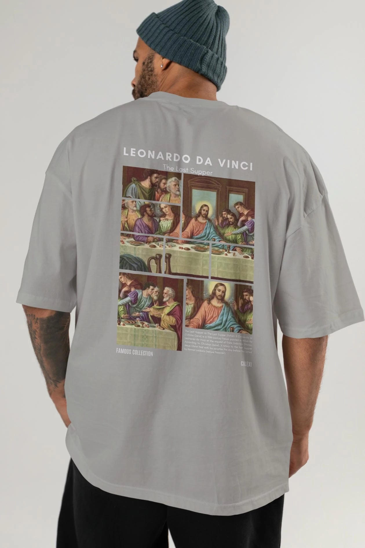 Leonardo Da Vinci Arka Baskılı Oversize t-shirt Erkek Kadın Bisiklet Yaka Pamuk tişort